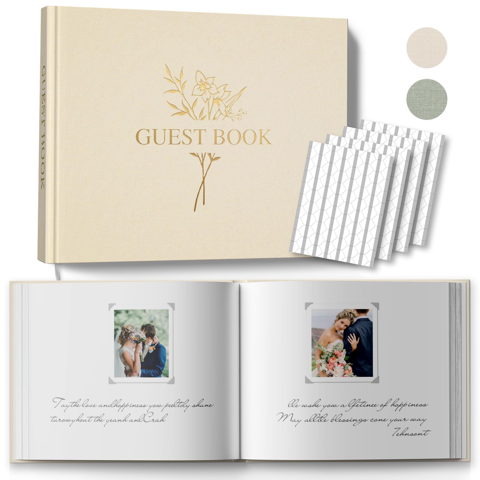 Premium Linen Wedding Guest Book with 216 Photo Corners - 100 Blank Thick Pages for Bridal Shower, Reception & Baby Shower - Elegant Beige Guestbook for Signatures & Photo Memories