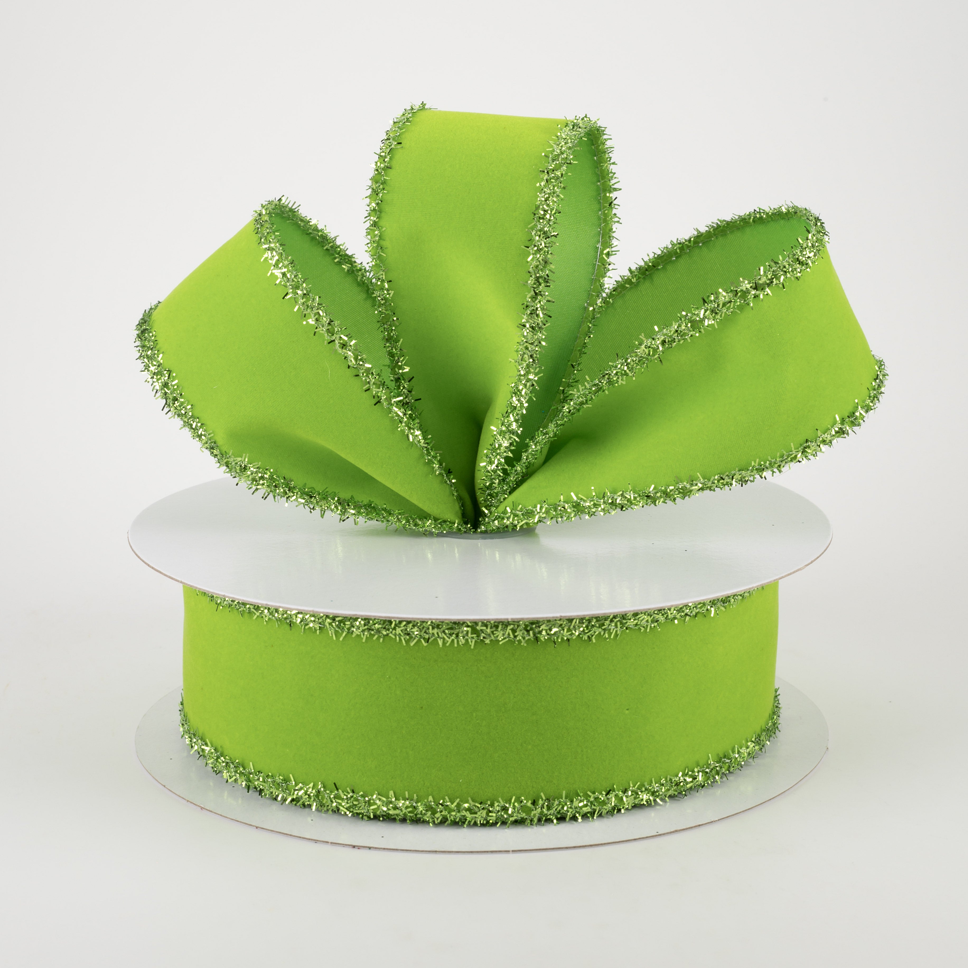 1.5 Inch Lime Green Velvet Ribbon with Tinsel Edge - 10 Yards Spool for Christmas Tree Decorations, Gift Wrapping, and DIY Crafts