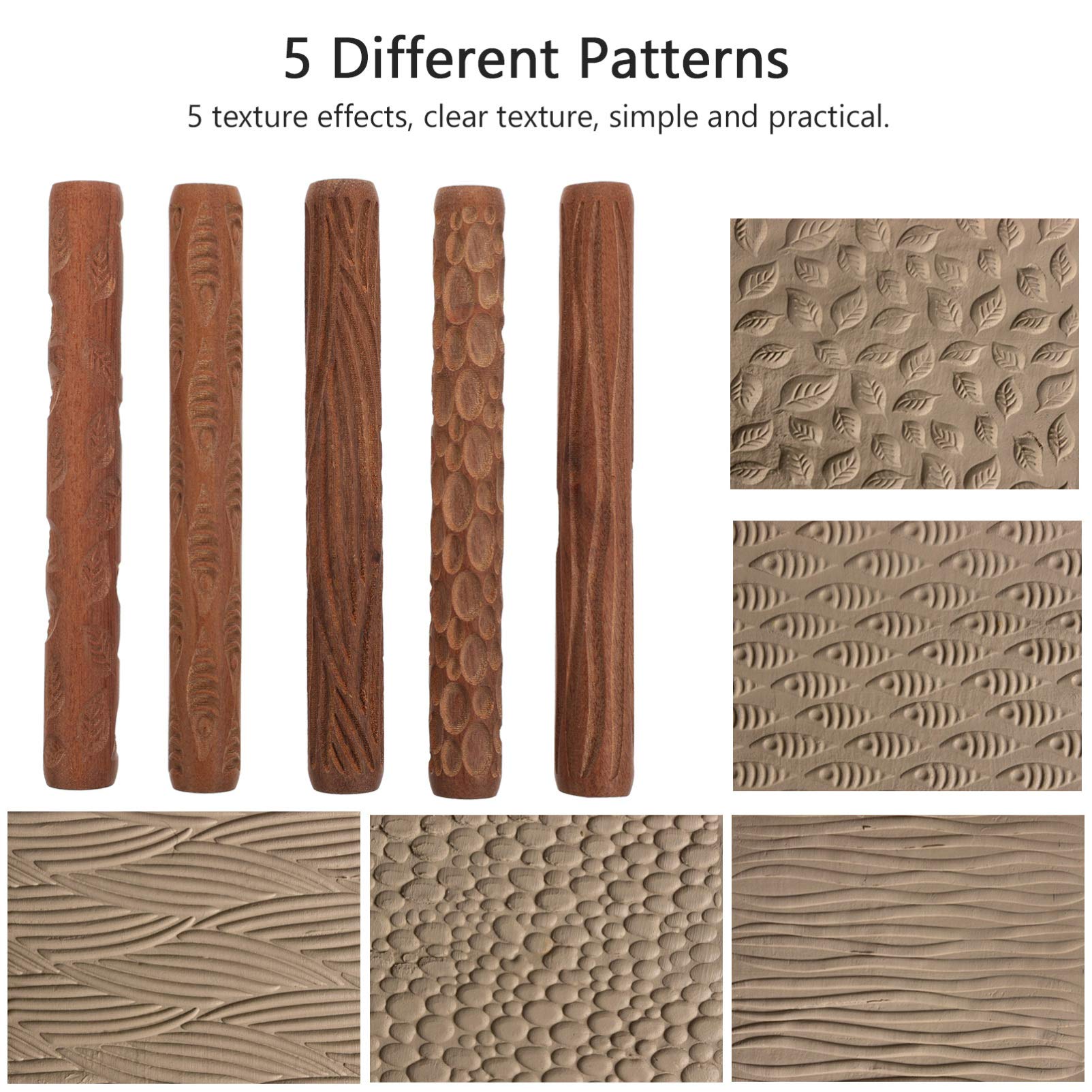 Happyyami 5-Piece Pottery Clay Rolling Tools Set with Wooden Handles & Textured Pattern Rollers - Perfect for Clay Sculpting, Ceramic Arts, and DIY Craft Projects on Clay Boards