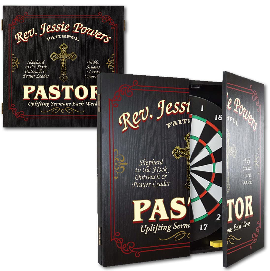 THOUSAND OAKS BARREL CO. Personalized Dartboard & Cabinet Set - Professional Steel Tip Dart Board for Adults with 6 Darts, Eraser & Chalk Scoreboard - Perfect for Game Rooms, Bars & Home Entertainment