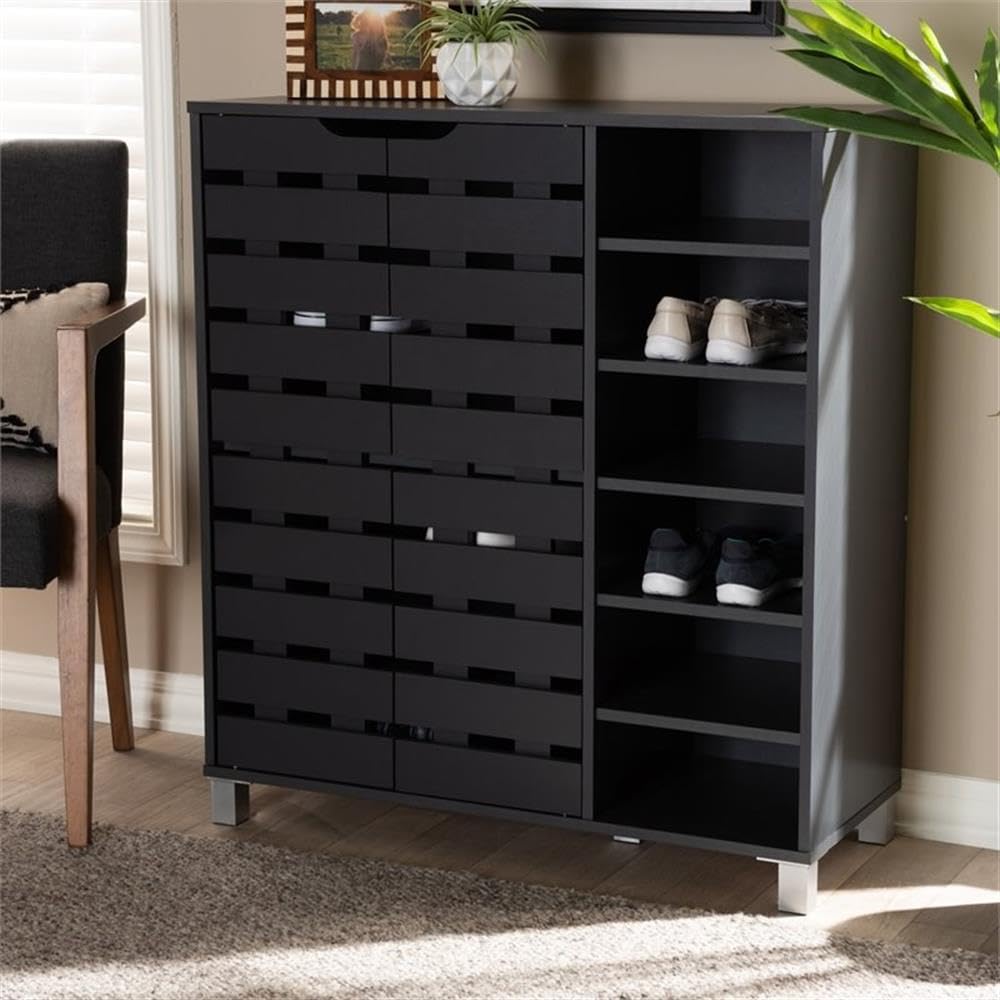 BOWERY HILL Modern Dark Grey 2-Door Wooden Shoe Storage Cabinet with Open Shelves - Organize Entryway, Bedroom or Closet - Space Saving Shoe Rack for Home & Office