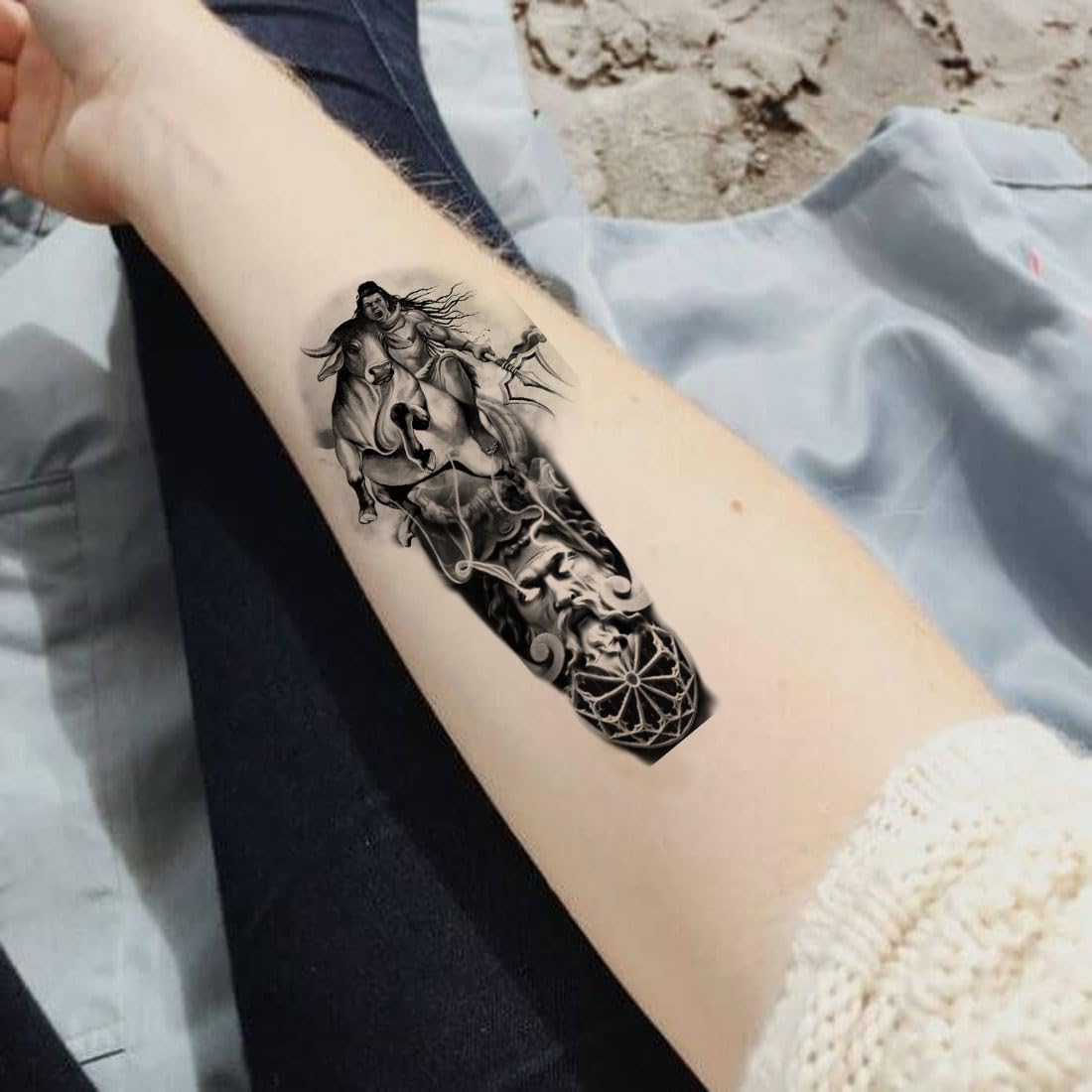 Waterproof Temporary Tattoo of Angry Shiv with Nandi - Long Lasting Fake Body Art for Men & Women - Perfect for Festivals, Parties, and Spiritual Events