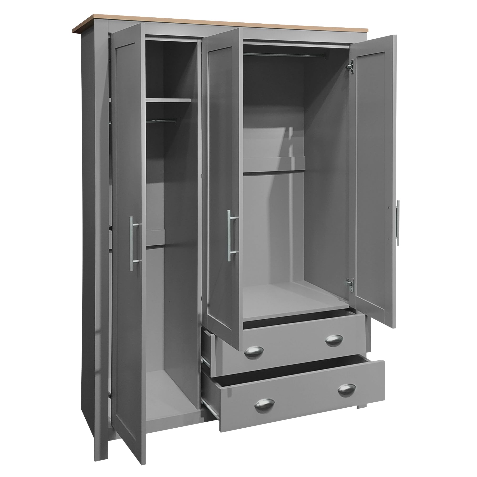 Merax 3-Door Grey Wood Wardrobe Cabinet - Bedroom Closet Organizer with Large Drawers, Hanging Rails & Shelves | Functional Clothes Storage for Home, Dorm, Apartment (Gray) | Perfect for Small Spaces & Modern Bedroom Decor