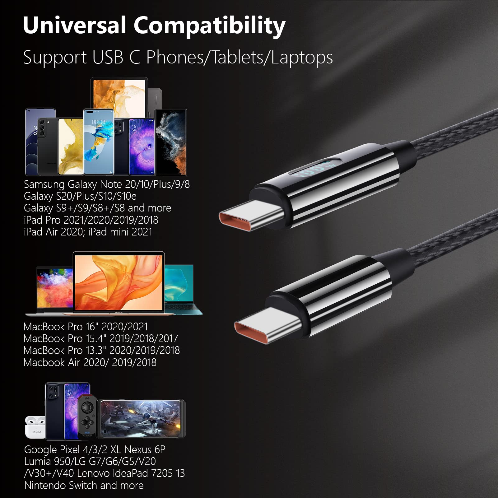 100W USB C to USB C Fast Charging Cable with LED Display - 5A PD Type C Charger for iPhone 16/16 Pro Max, iPad, MacBook, Switch, Kindle - Perfect for Home, Office & Travel (3.3ft)