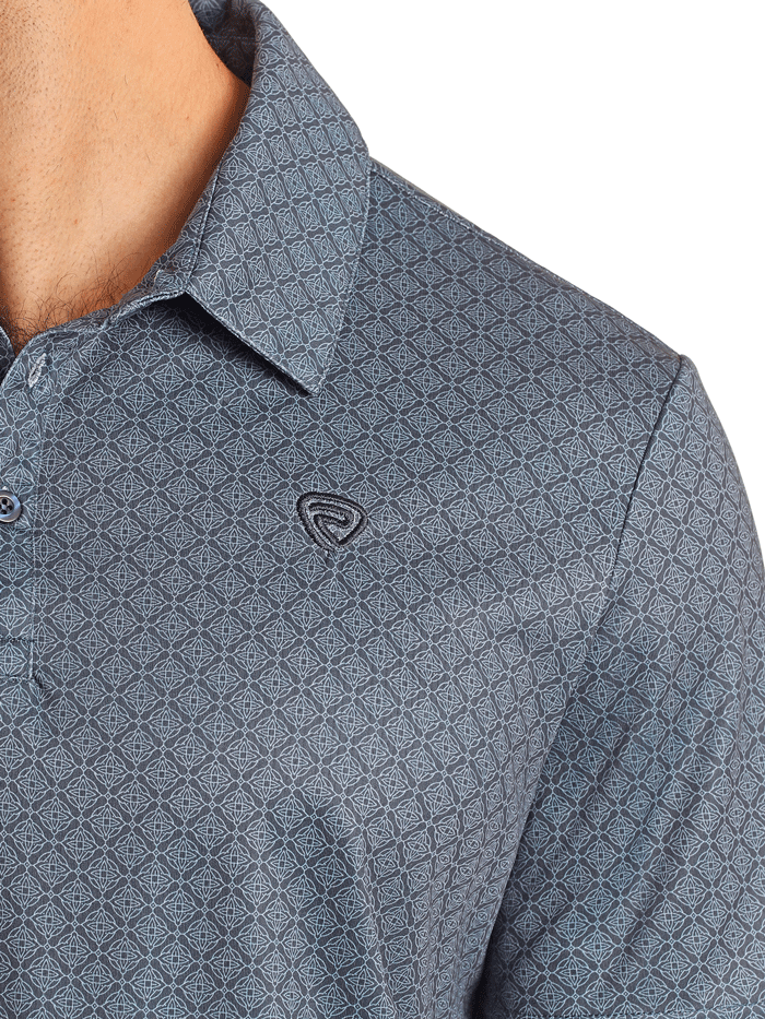 Men's Rock & Roll Denim Geo Printed Polo Shirt - Navy Blue Casual Button-Up Top for Concerts, Parties & Street Style Fashion