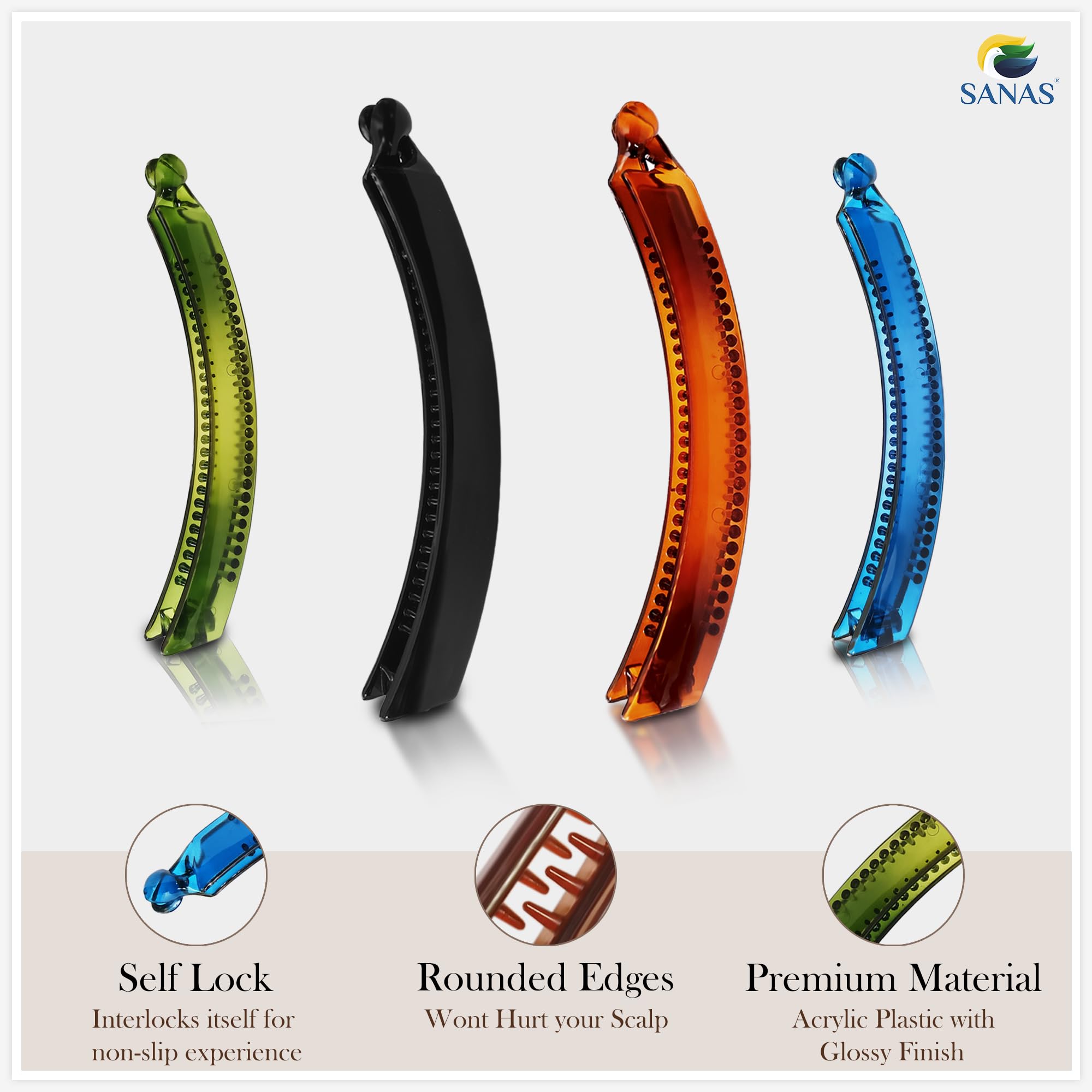 Sanas Medium Banana Hair Clip - 1Pc Self-Locking Acrylic Glossy Finish Large Hair Clips for Women & Girls, Non-Metal Hair Clutchers, Daily Use, Multicolor - Perfect for School, Work, and Casual Styling