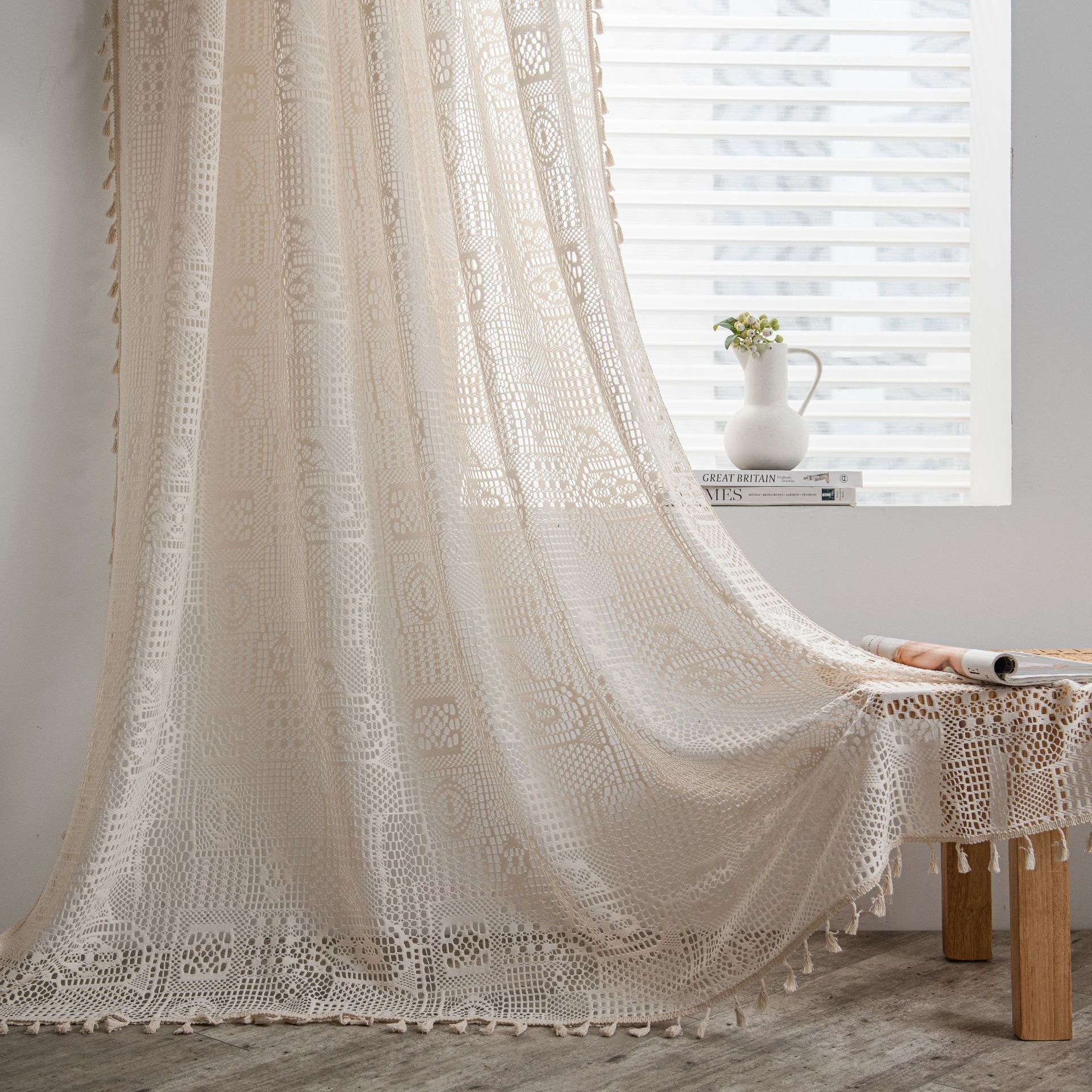 Aisha Cotton White Crochet Sheer Custom Grommet Curtains - Elegant Lace Window Drapes for Living Room, Bedroom & Nursery Decor