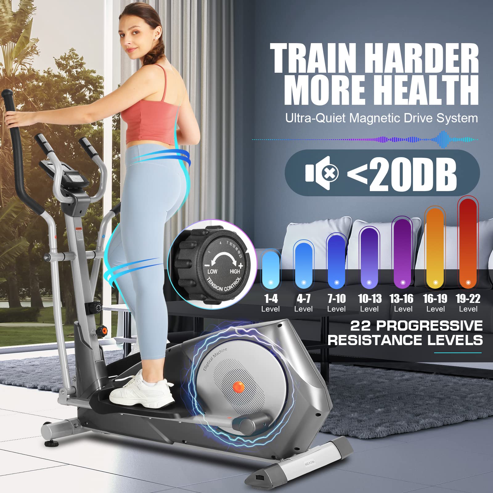 YOUNGFIT Upgraded 22-Level Magnetic Elliptical Machine - Ultra Quiet Cardio Trainer with LCD Monitor for Home Gym Workouts | Perfect for Small Spaces & Low-Impact Exercise