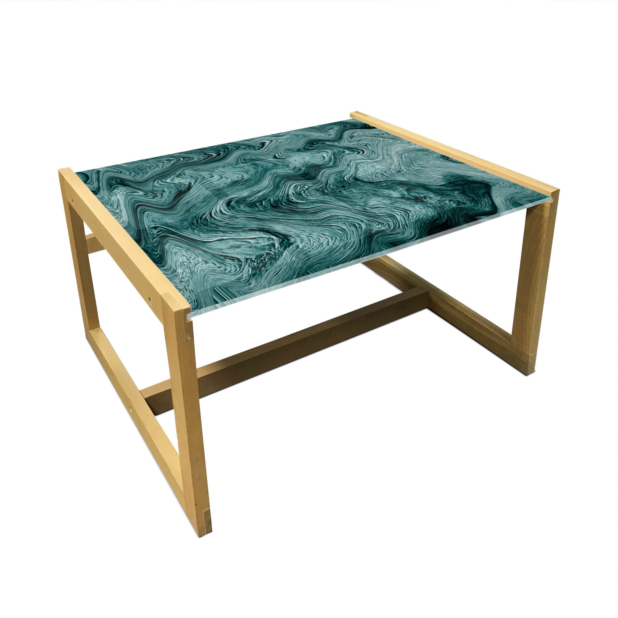 Ambesonne Modern Marble Coffee Table - Abstract Green Fluid Art Design, Acrylic Glass Top with Wooden Frame - Contemporary Center Table for Living Room, Office, Dorm - Medium Size in Dark Teal & Cadet Blue - Perfect for Home Decor, Workspace & Small Apartments
