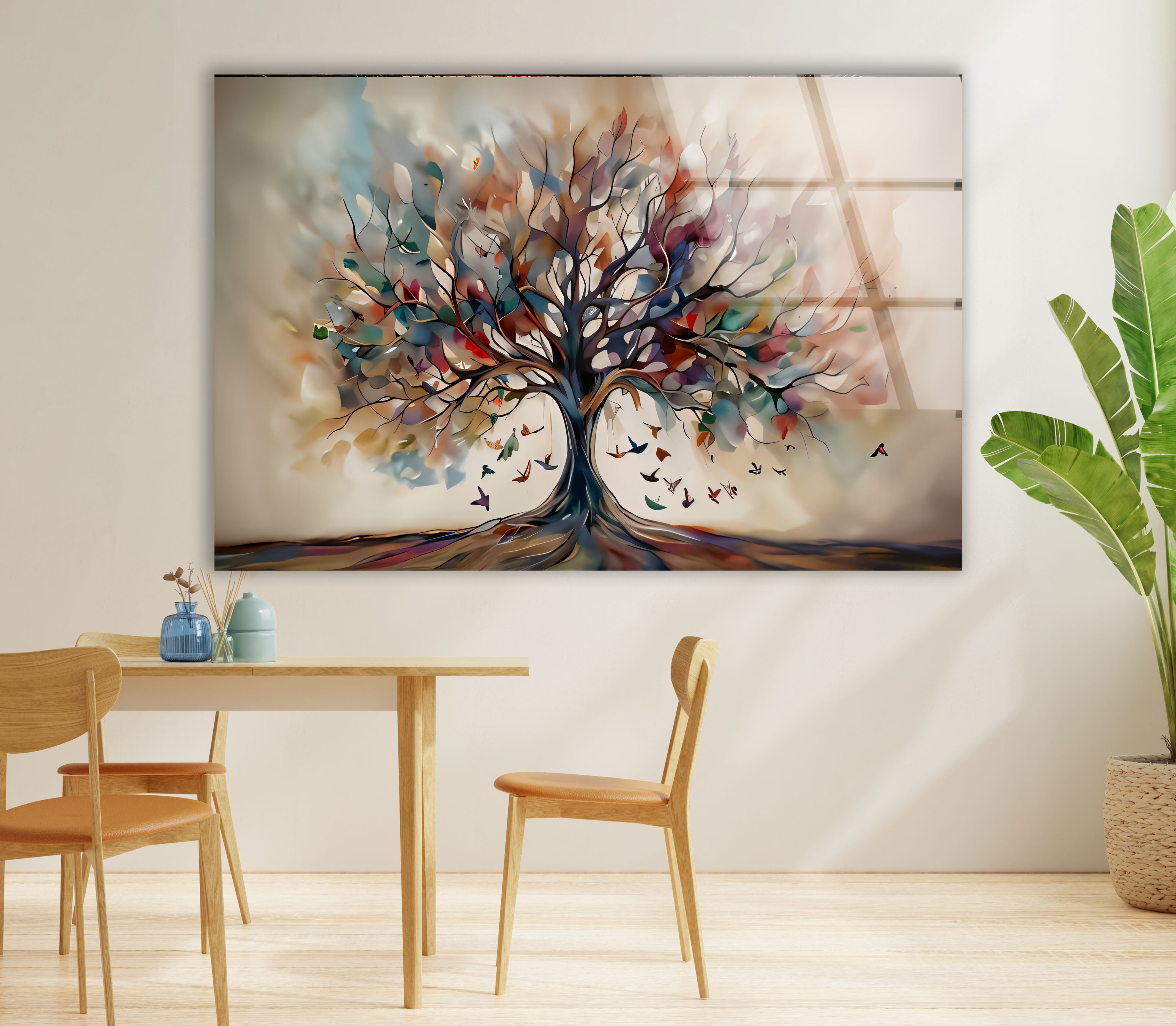 Beige Tree Glass Wall Art - Elegant Home Decor for Living Room, Bedroom & Office - Perfect for Modern & Boho Interiors