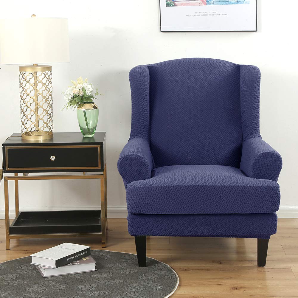 Stretch Wingback Chair Slipcovers 2-Piece Set - Jacquard Spandex Washable Armchair Covers with Armrests - Furniture Protector for Living Room, Bedroom & Office (Blue)