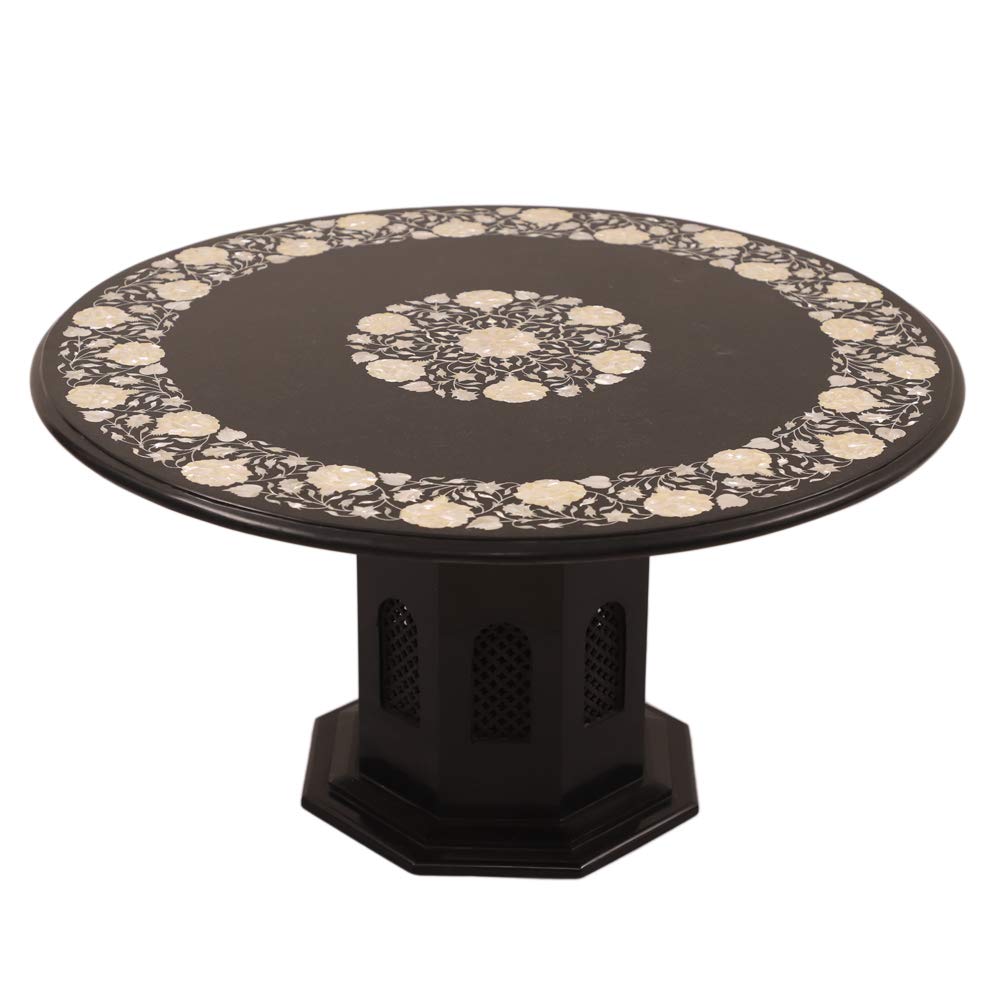 Queenza 36 Inch Round Black Marble Coffee Table with Pietra Dura Artwork - Handcrafted Gemstone Inlaid Living Room Table - Perfect for Christmas, New Year Decor & Luxury Home Decorating