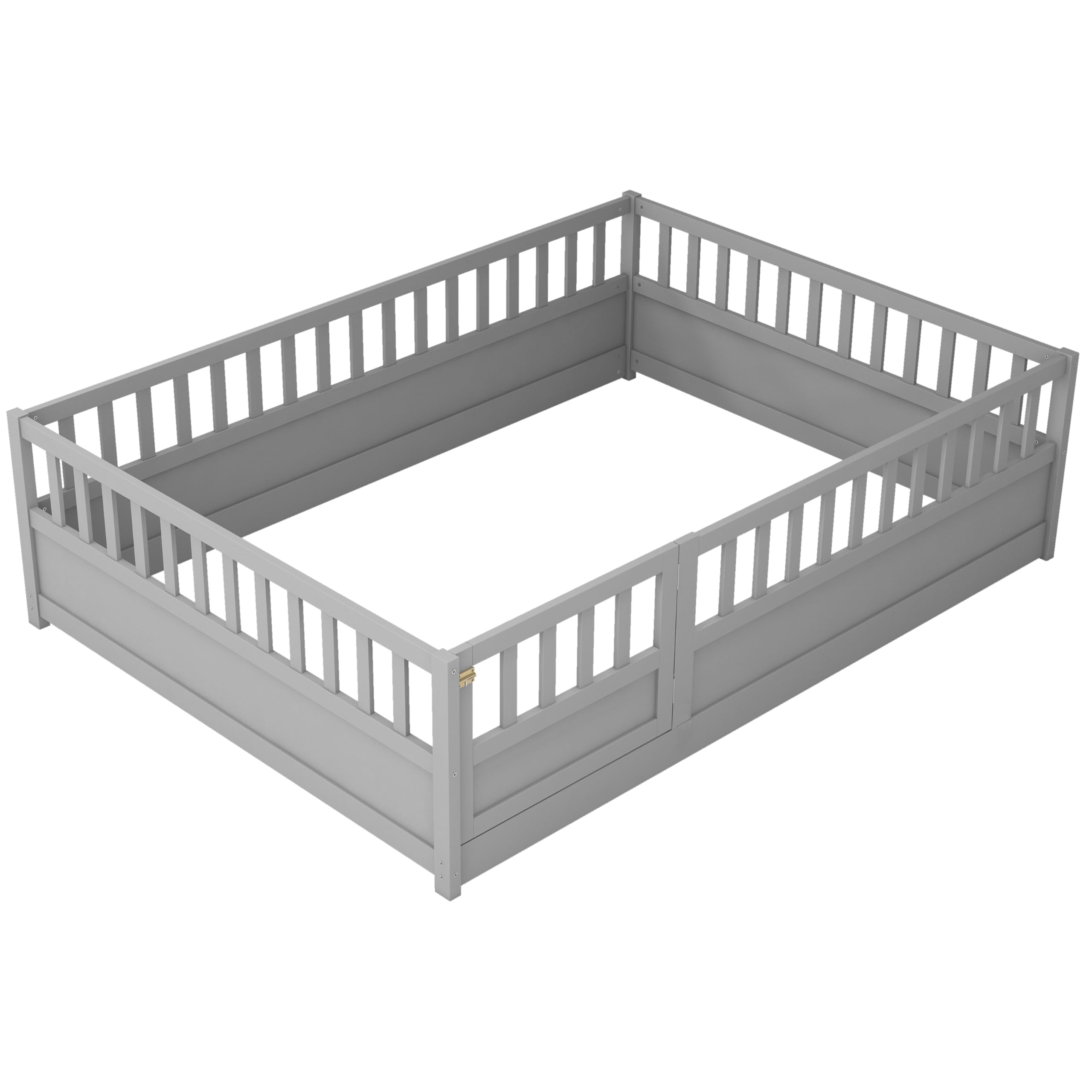 Montessori Wood Floor Bed for Kids - Full Size with High Safety Rails & Door Design, Grey - No Bed Slats Needed - Perfect for Toddler Rooms, Daycare Centers & Montessori Classrooms