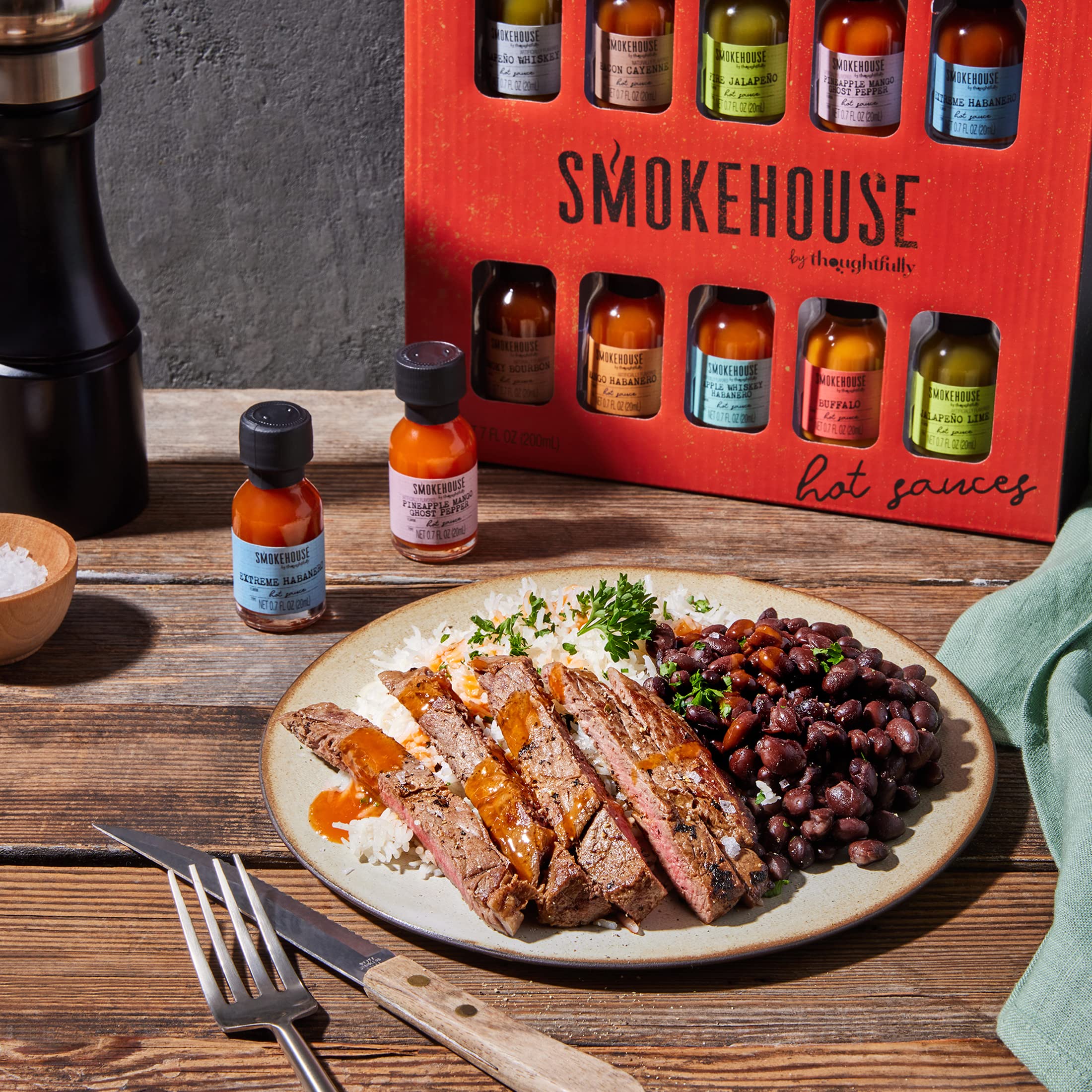 Thoughtfully Smokehouse Gourmet Hot Sauce Gift Set - 10-Piece Variety Pack with Mango Habanero, Buffalo, Bacon Cayenne, Smoky Bourbon & Fire Jalapeño | Perfect for BBQ, Wings, Tacos & Spicy Food Lovers