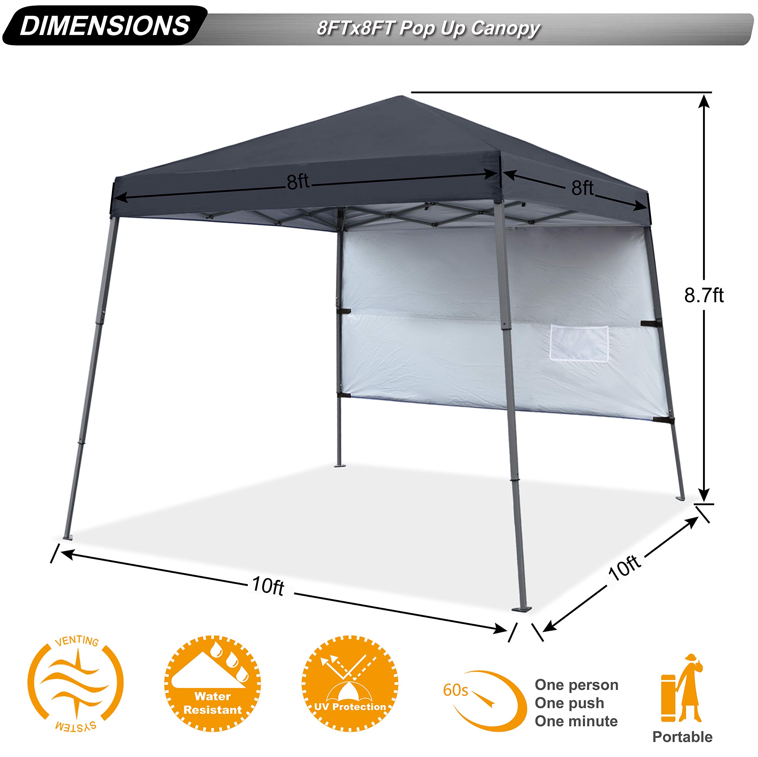 ABCCANOPY 10x10 Outdoor Pop Up Canopy Tent with Sun Wall - Portable Instant Shelter for Beach, Camping, Picnics & Backyard Parties - Includes Bonus Backpack, Stakes & Ropes (Black)