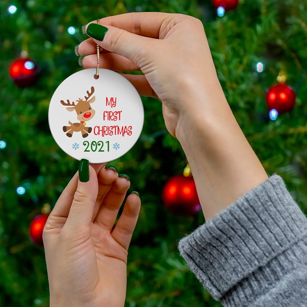 My First Christmas Ornament 2021 - Reindeer with Mask, Baby 1st XMAS Keepsake - Ceramic Holiday Decoration for New Parents, Cute Gift for Mom & Dad - Perfect for Baby Shower, Nursery Decor, and Christmas Tree Decoration