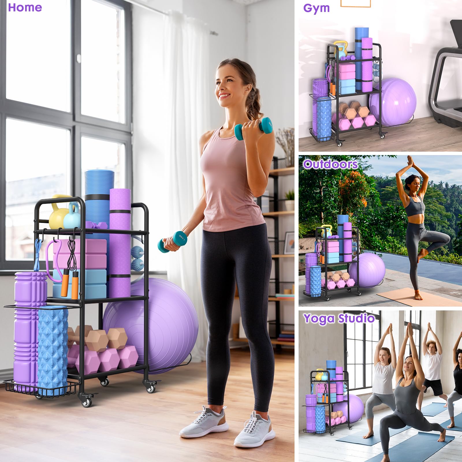 Home Gym Storage Rack - Heavy Duty Exercise Equipment Organizer for Yoga Mats, Dumbbells, Kettlebells & Resistance Bands | Perfect for Yoga Studios, Home Workouts & Garage Gyms - Space Saving Workout Gear Storage Solution
