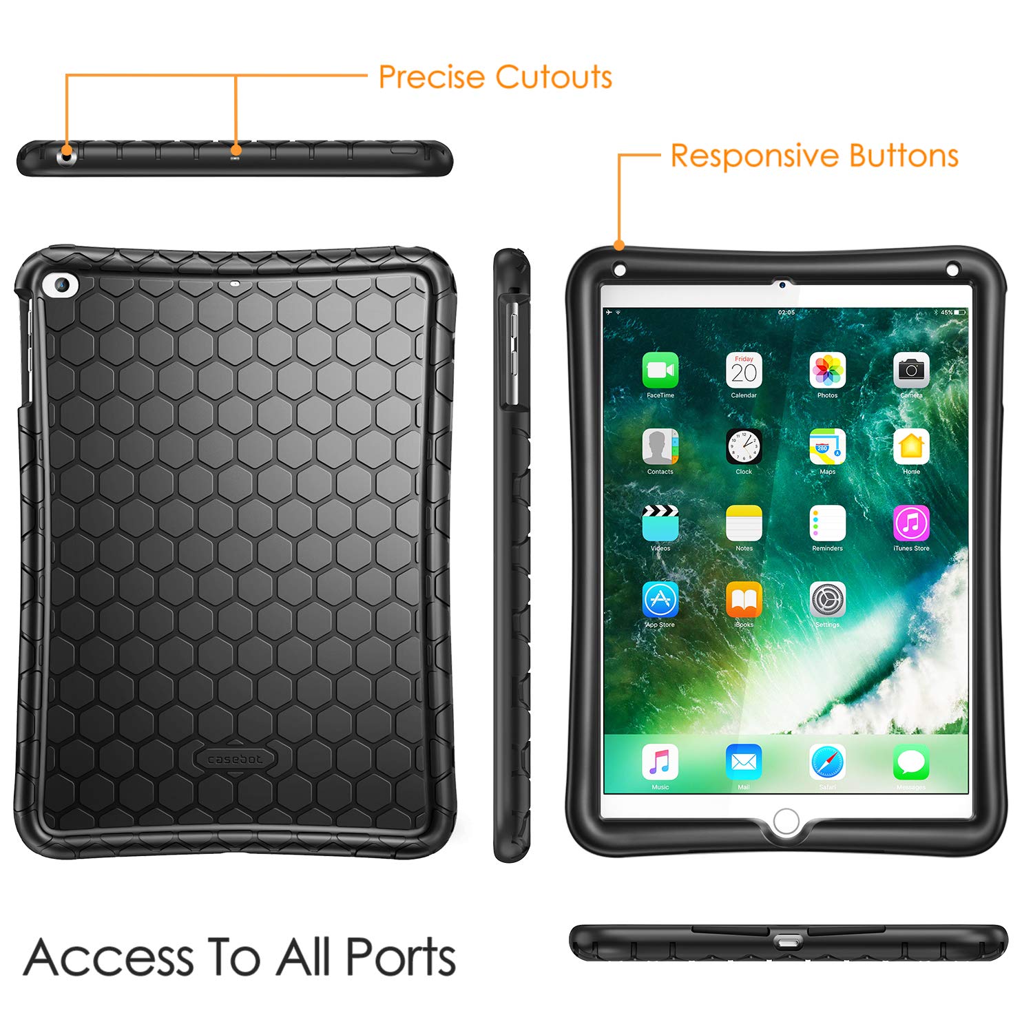 Fintie Honeycomb Series iPad Case - Lightweight Anti-Slip Shockproof Silicone Cover for iPad 6th/5th Gen (2018/2017) & iPad Air 2/Air 1 (9.7 Inch) | Kids Friendly Protective Case for School, Travel & Daily Use - Black