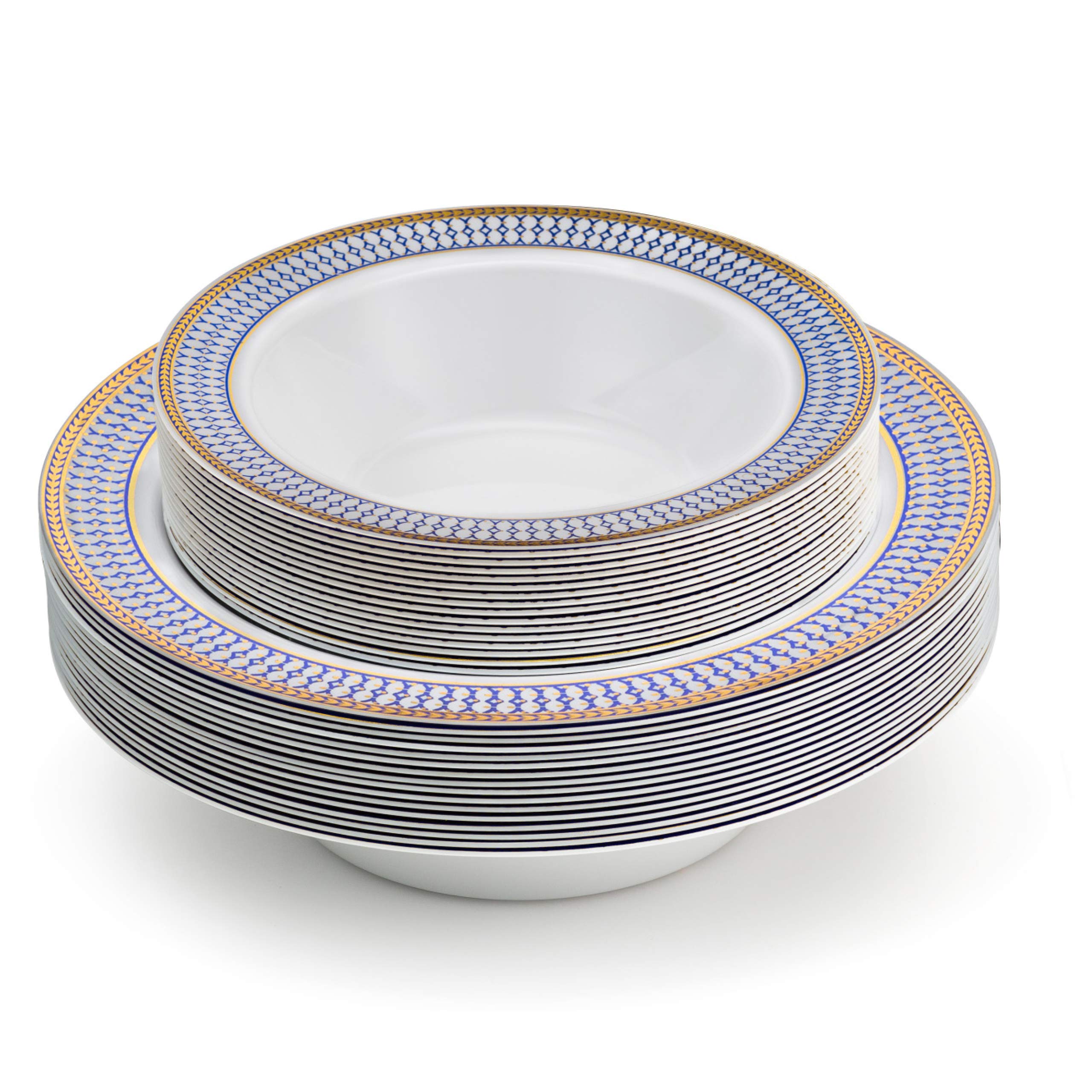 Laura Stein Elegant Disposable Plastic Dinnerware Set - 32 Piece White Wedding Bowls with Blue Rim & Gold Accents (16x12oz Soup Bowls + 16x5oz Dessert Bowls) | Perfect for Parties, Weddings, Catering & Special Events | Midnight Blue Collection