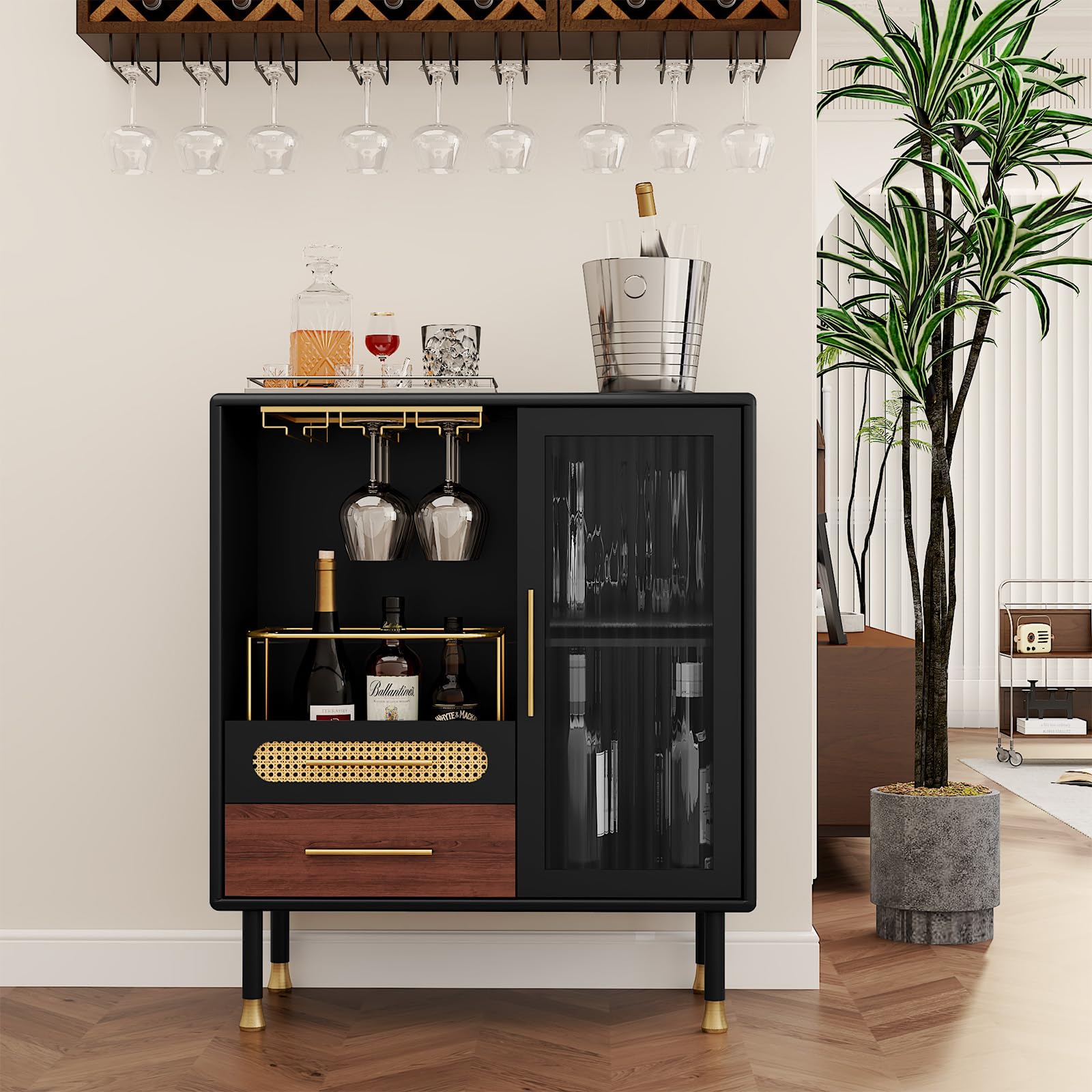 Modern Coffee Bar Cabinet with Wine Glass Rack & Storage Drawers - Black Kitchen Liquor Cabinet with Pull-Out Wine Rack for Dining Room, Living Room & Home Bar - Perfect for Entertaining Guests & Stylish Home Decor