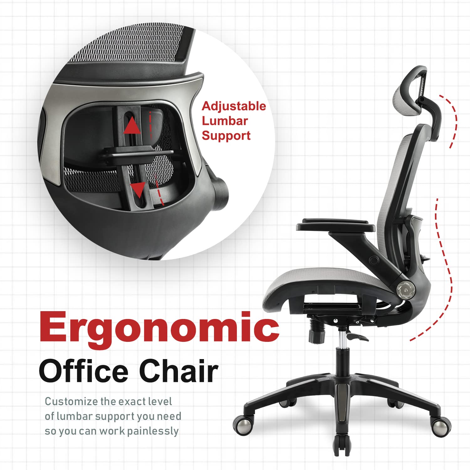 Ergonomic Mesh Office Chair with High Back, 3D Adjustable Armrests, Lumbar Support & Headrest - Grey - Perfect for Home Office, Gaming & Computer Workstations