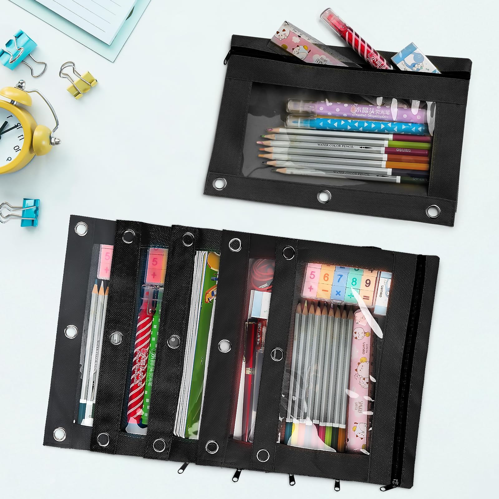 Zipper Pencil Case with Clear Window - 3 Hole Binder Pouch for Office Supplies, School Stationery & Art Tools (Pack of 12) - Perfect for Organizing Pens, Markers & Small Accessories in Binders, Backpacks & Work Desks