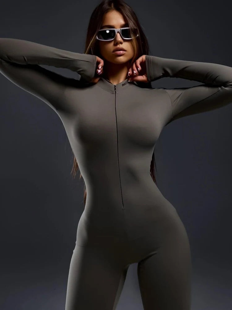 Women's Autumn Winter Long Sleeve Zipper Skinny Jumpsuit - Stretchy Elastic Tight Flare Playsuit for Casual Wear, Sports & Fashion Outfits | Perfect for Gym, Running, Yoga, and Everyday Street Style