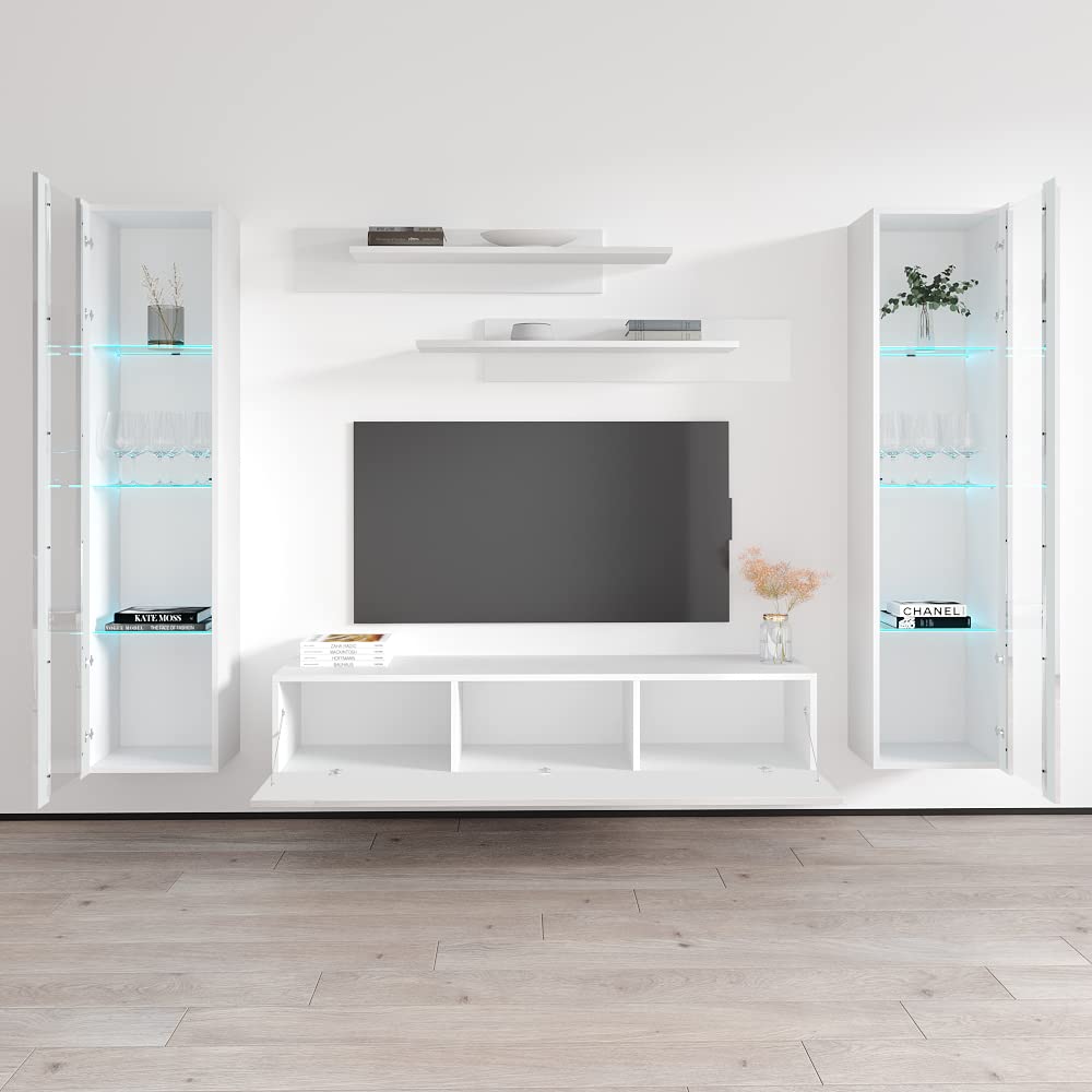 Modern Floating TV Stand with Storage & LED Lights - Wall-Mounted Entertainment Center for Living Room & Bedroom - White Meble Furniture Fly AB2 30