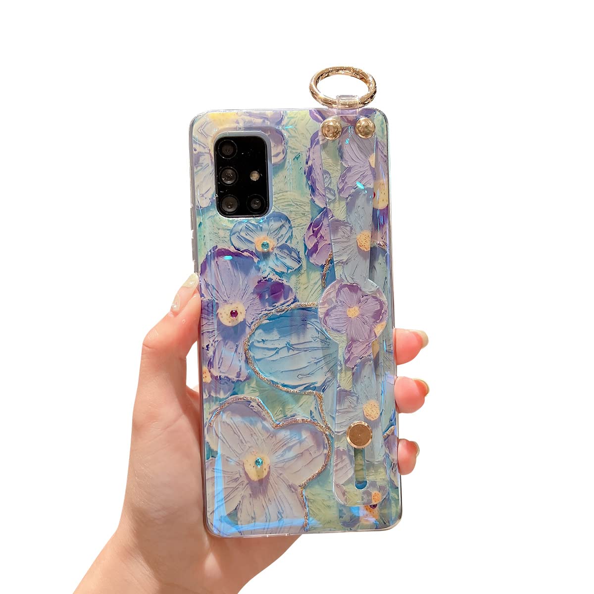 Samsung Galaxy A71 5G Case - Cute Glitter Bling Cartoon Taro Flower Design with Wrist Strap & Kickstand | Shockproof Soft TPU Protective Phone Cover for Women & Girls | Perfect for Daily Use, Work, and Travel
