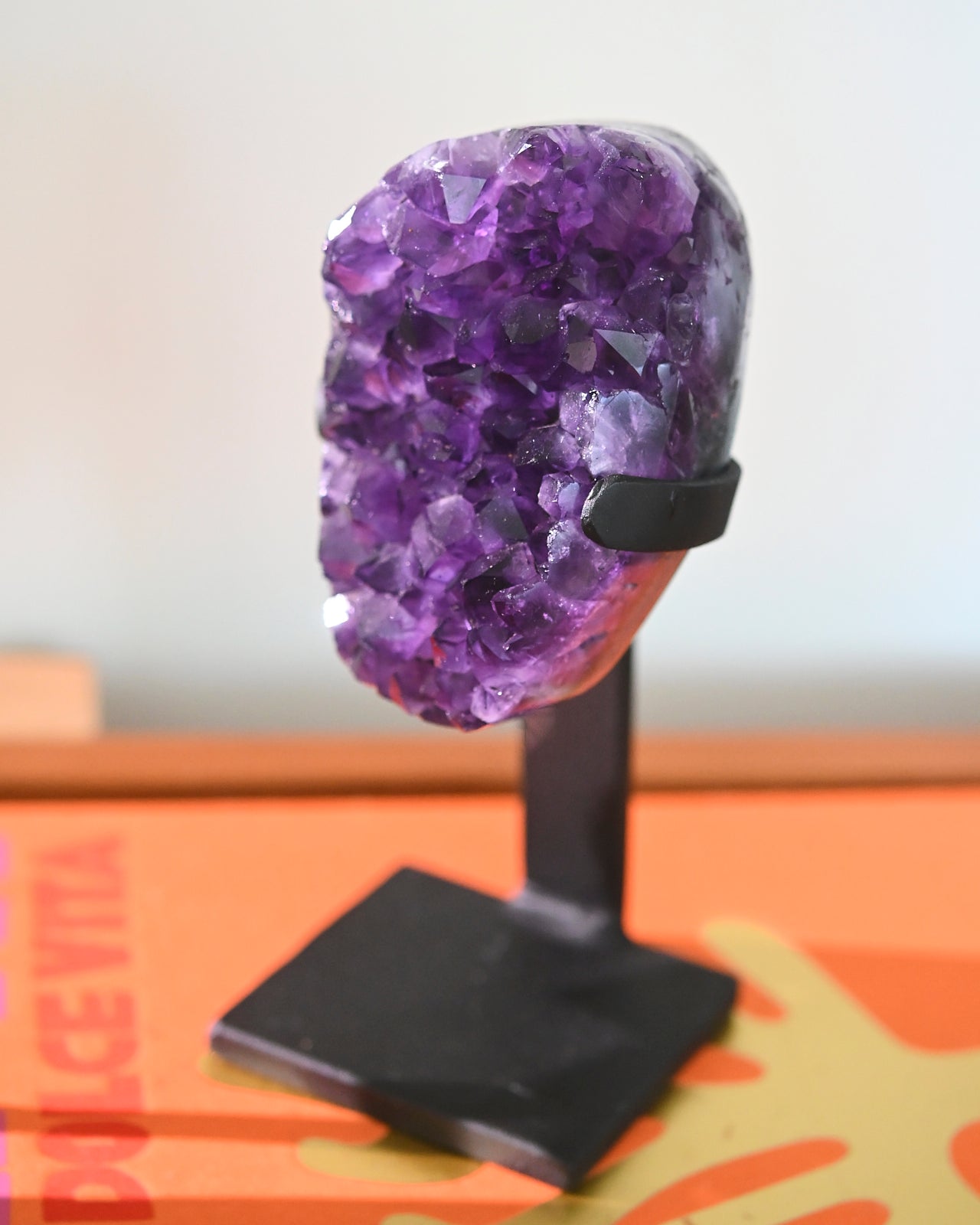 Natural Amethyst Crystal Geode on Wooden Stand - 3lbs Raw Purple Quartz Cluster for Home Decor, Meditation & Healing | Perfect for Living Room, Office & Spiritual Space