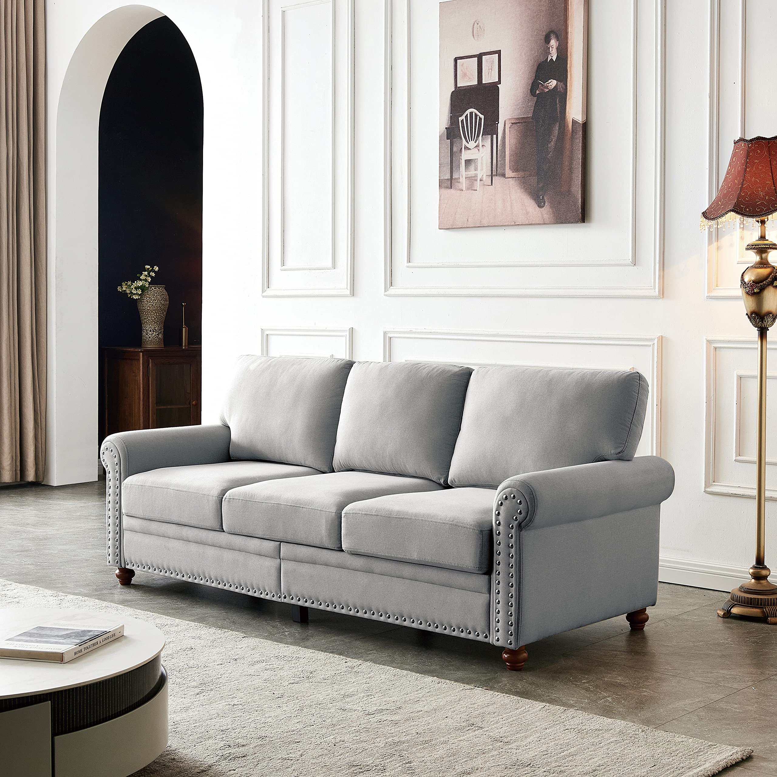 Modern Linen Fabric Upholstered 3-Seat Sofa Couch for Living Room - Grey Sectional Sofa for Home & Office | Comfortable Lounge Furniture for Family Gatherings & Relaxation