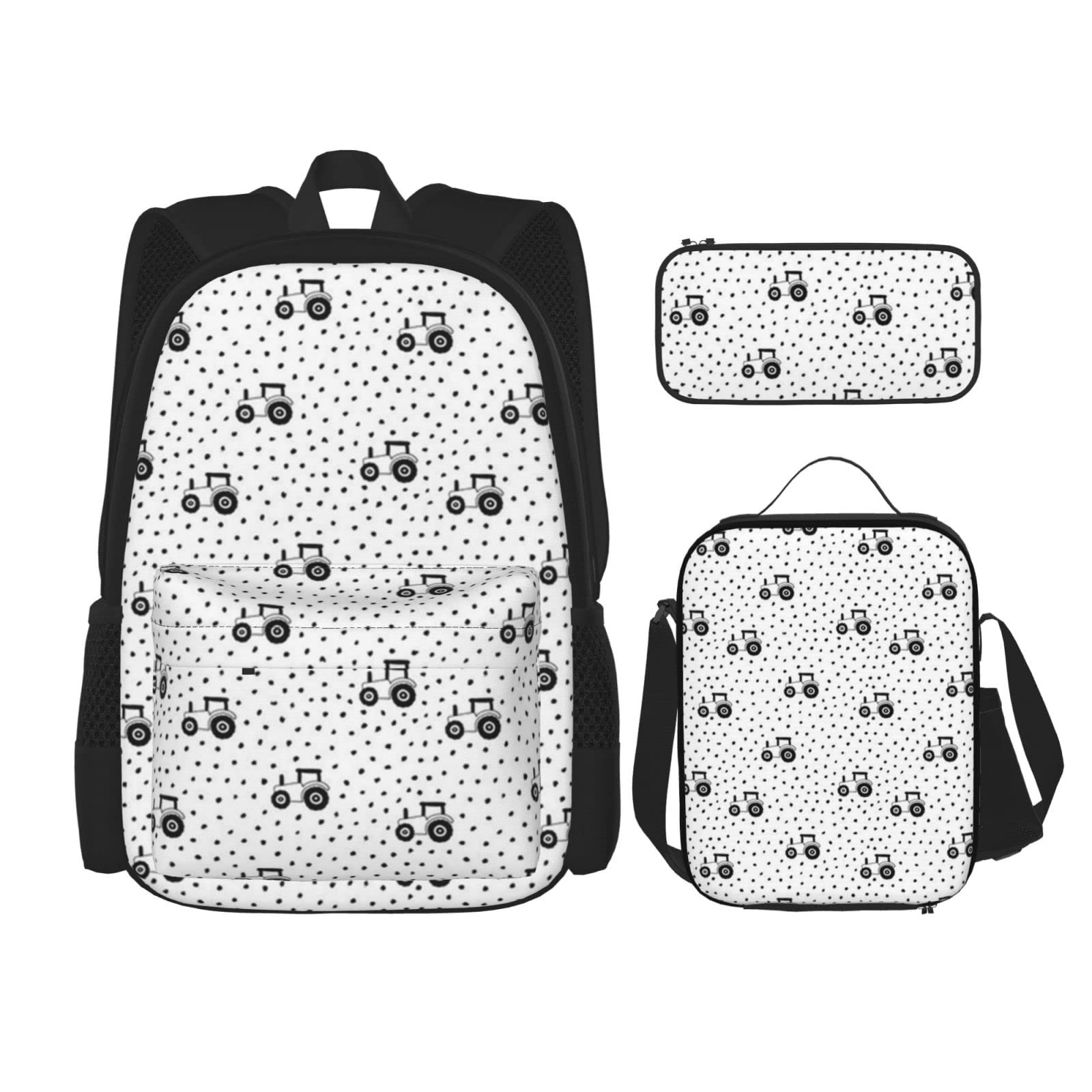 3-Piece Backpack Set for Teens - Farming Themed Black & White Tractor Design with Messenger Bag, Lunch Bag & Pencil Case - Perfect for School, Travel & Outdoor Adventures