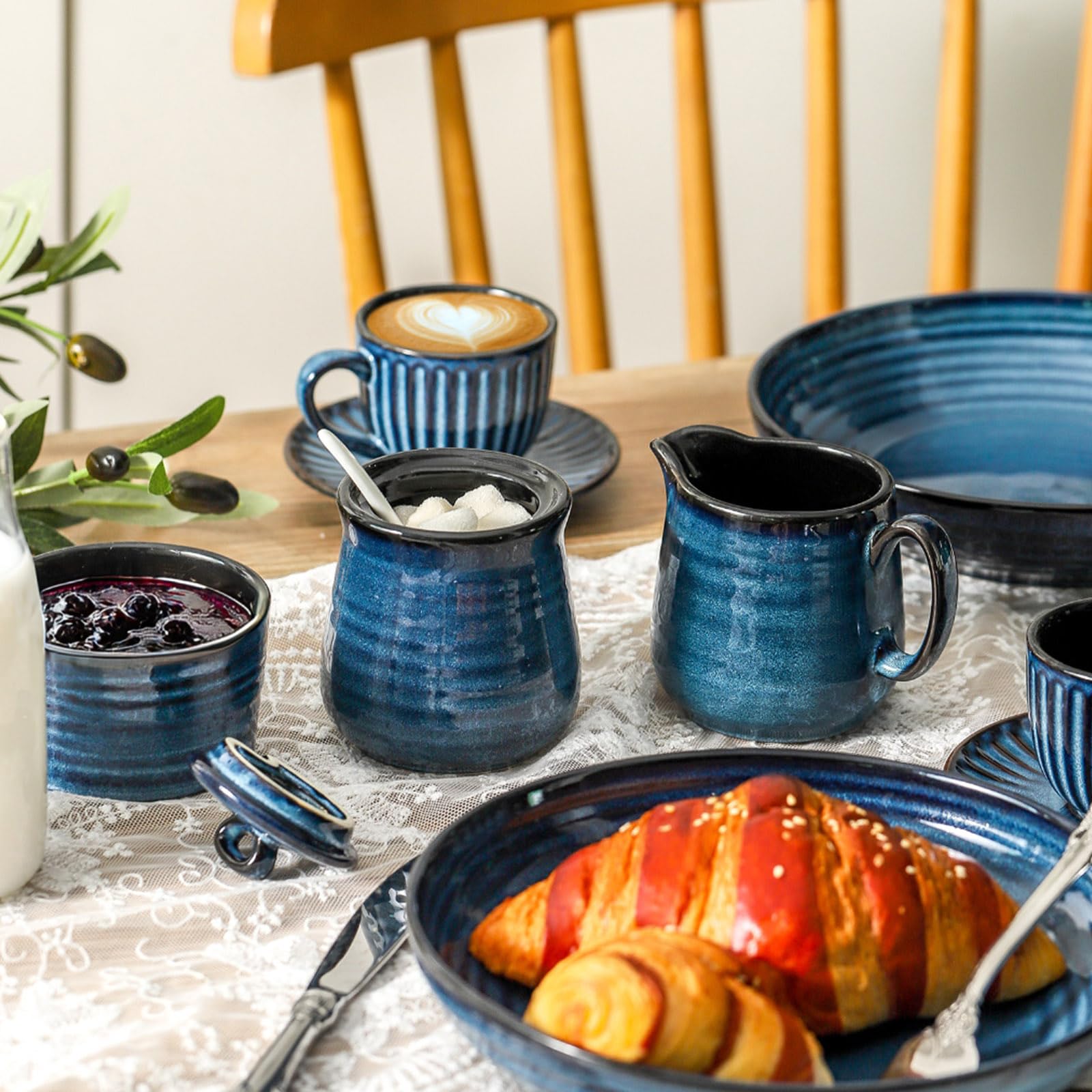 Farmhouse Style Ceramic Sugar Bowl with Lid & Spoon, Creamer Pitcher, and Serving Tray Set - 11oz Sugar Container & 10oz Milk Jug - Microwave & Dishwasher Safe Coffee Bar Accessories - Perfect for Breakfast Nook, Tea Parties, and Rustic Kitchen Decor (Blue)