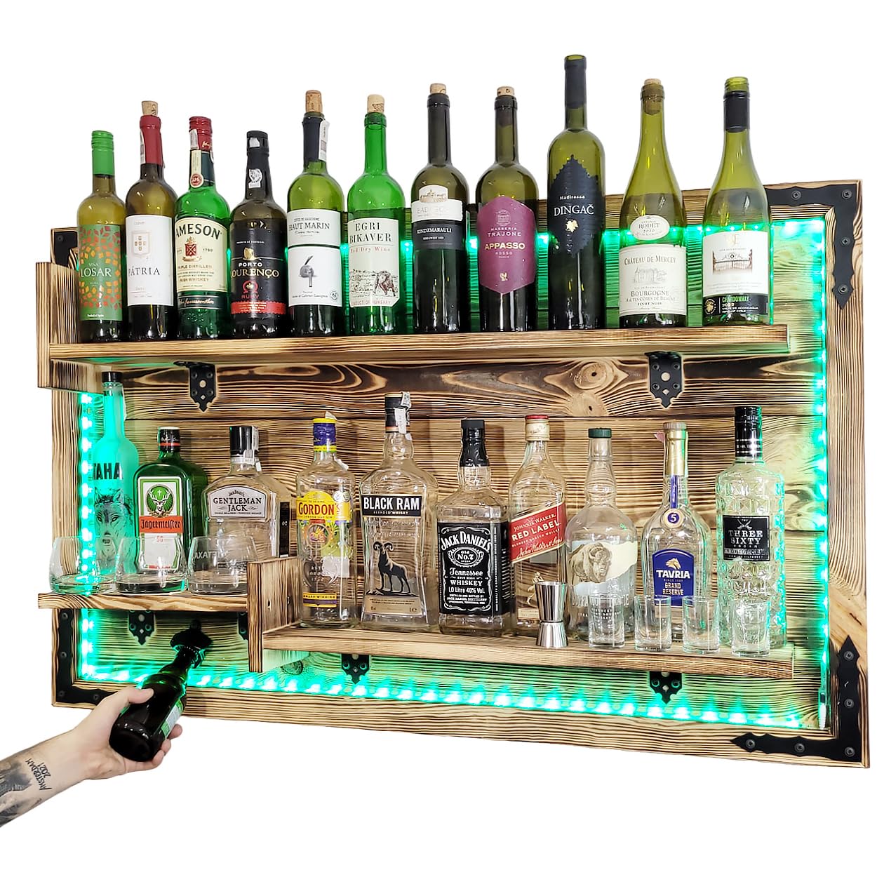 Rustic Wall-Mounted Floating Shelf in Brown Wenge - RGB LED Bar Shelf for Whiskey, Gin, Vodka Display - Perfect for Home Bar, Pub Decor & Rustic Wall Organization