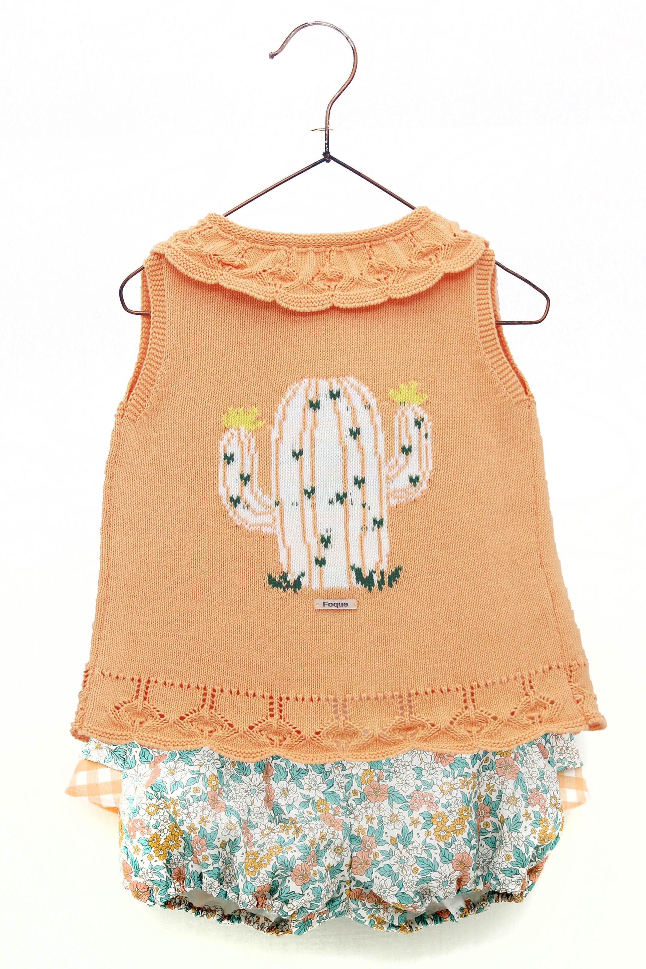 Aurelie Peach Cactus Knit Top & Bloomers Set - Cute Baby Girls' Outfit for Photoshoot, Birthday Party & Summer Wear