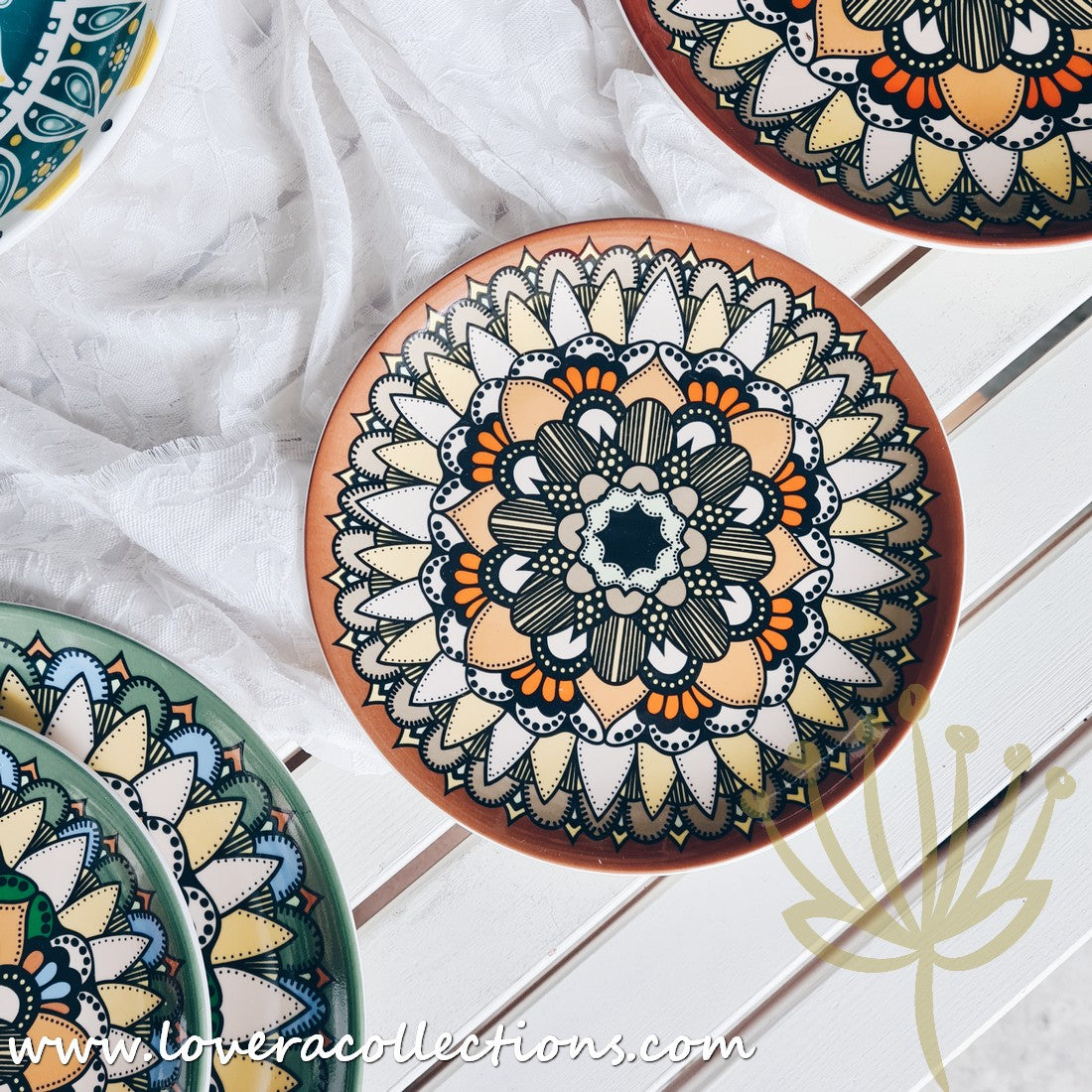 Mandala Green & White Salad Plate Set - Elegant Hand-Painted Ceramic Dinnerware for Home & Restaurant Use - Perfect for Salads, Appetizers, Desserts & Party Serving