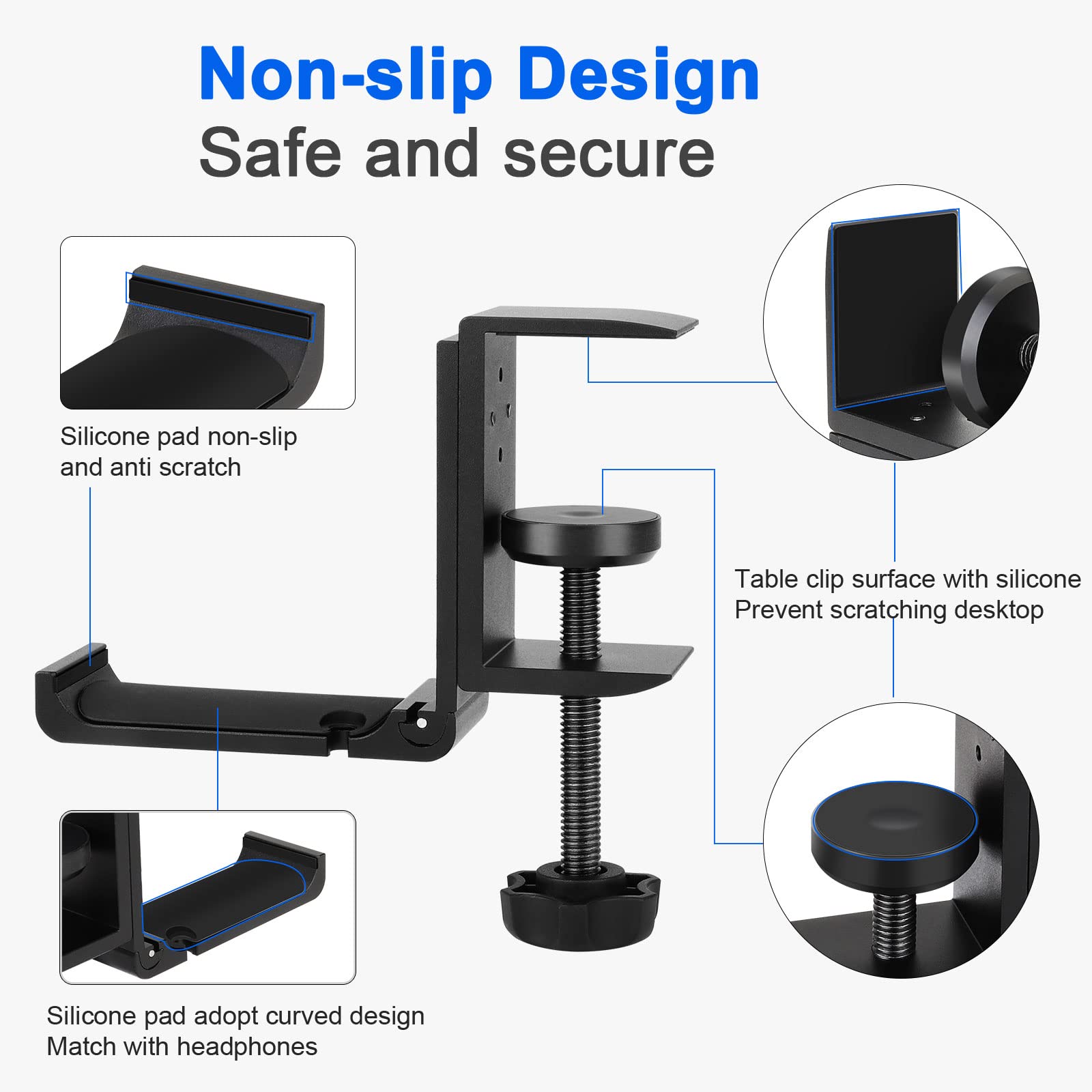 Premium Aluminum Headphone Stand with Cable Clip - Foldable Under Desk Hanger for Gaming & Workspace Organization | Space-Saving Headset Holder for Office, Home & Studio Use