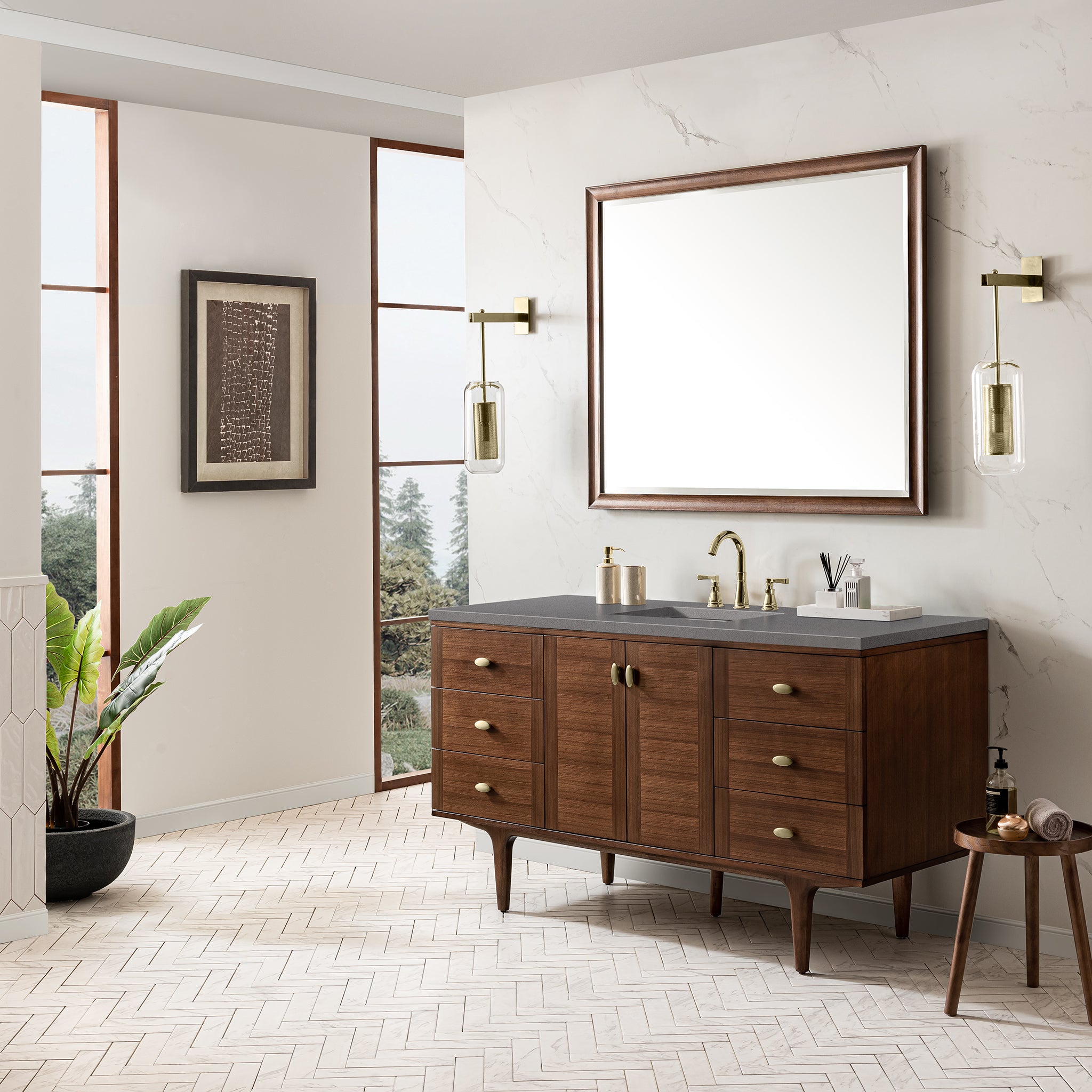 Amberly 60 Inch Single Bathroom Vanity - Mid Century Modern Walnut Finish with 3CM Grey Expo Top - Perfect for Small Bathrooms & Powder Rooms