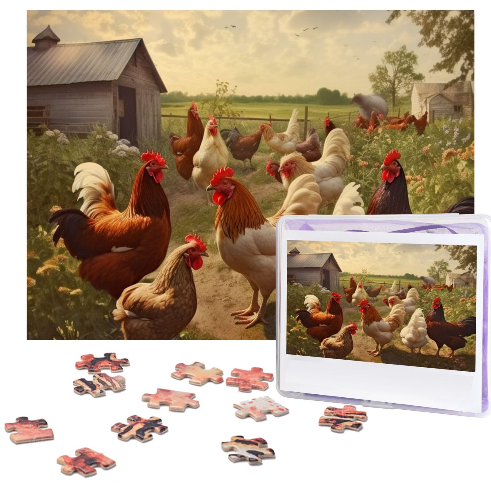 500 Piece Farm Animal Jigsaw Puzzle - Wooden Chicken & Farm Scene Photo Puzzle for Adults, Personalized Picture Puzzle - Perfect for Family Game Night, Wedding, Birthday & Valentine's Day Gifts (20.4