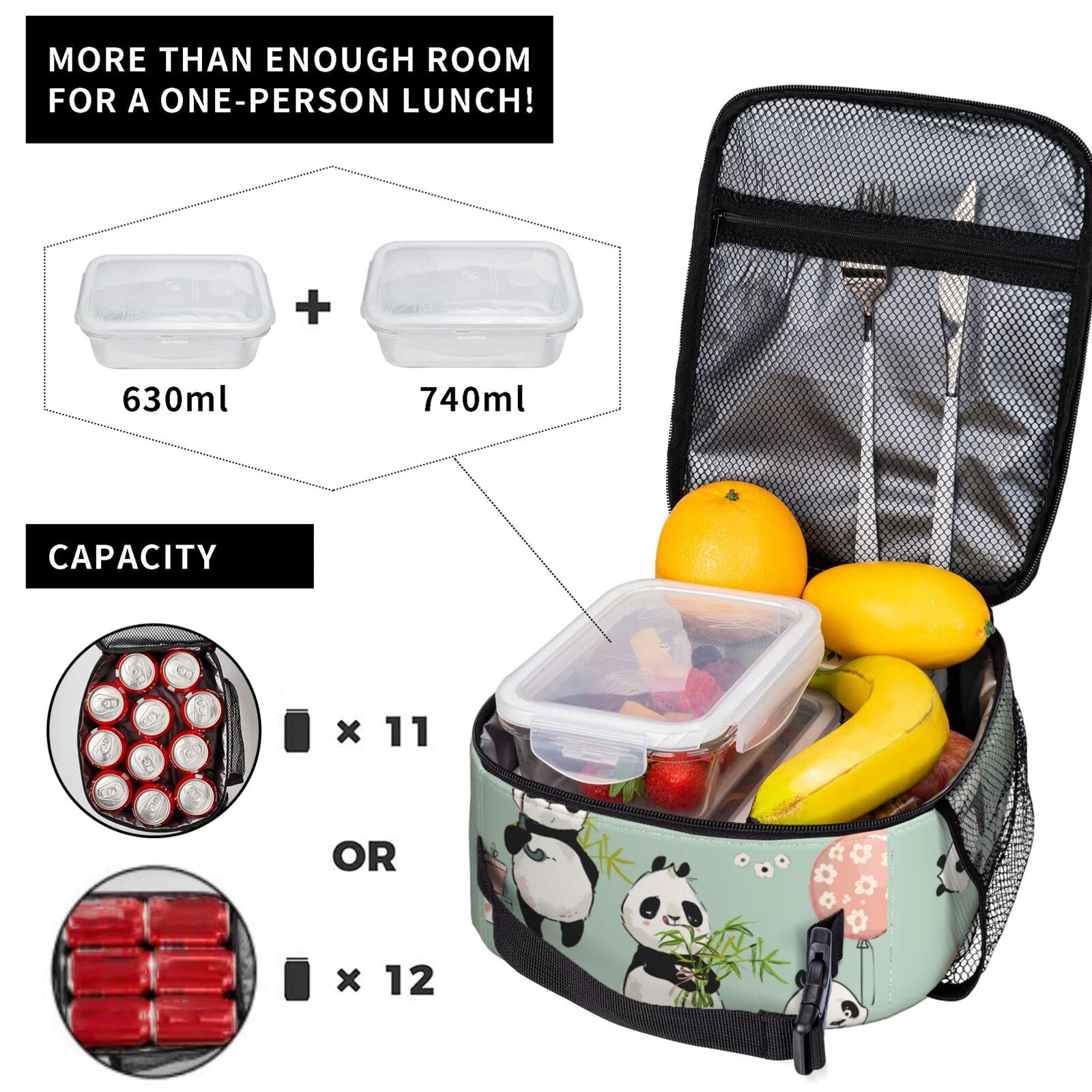 **Insulated Panda Lunch Box for Women, Men, Girls & Boys - Leak-Proof Detachable Handle Meal Tote Bag for Work, School & Picnics**