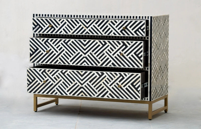 Handmade Bone Inlay Black Dresser with 3 Drawers - Elegant Optical Design for Bedroom, Living Room & Office Storage