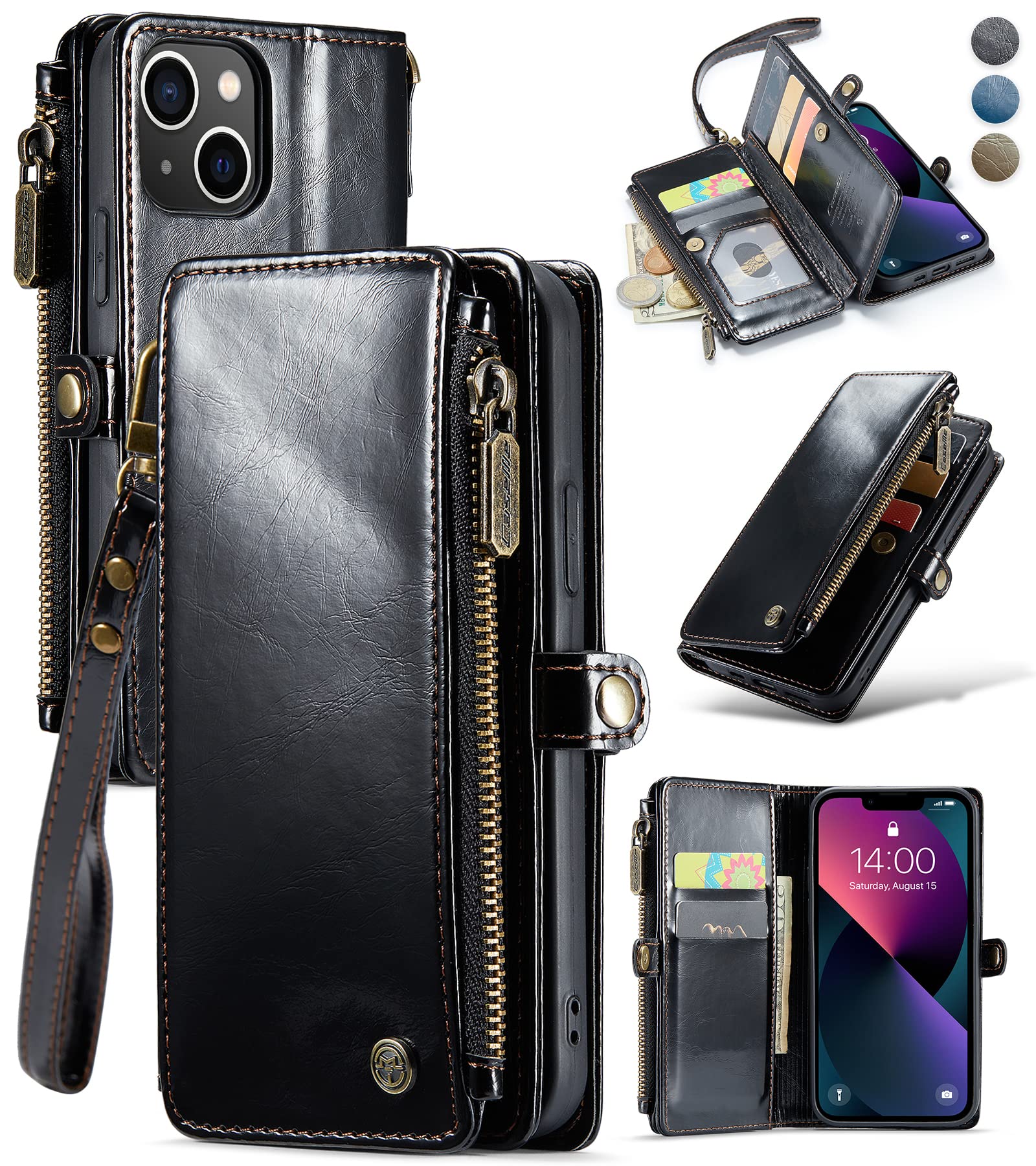 Premium Vintage PU Leather Magnetic Flip Wallet Case for iPhone 13 - Luxury Black with Wrist Strap & Zipper Card Holder - Perfect for Work, Travel & Everyday Use (Compatible with iPhone 13)