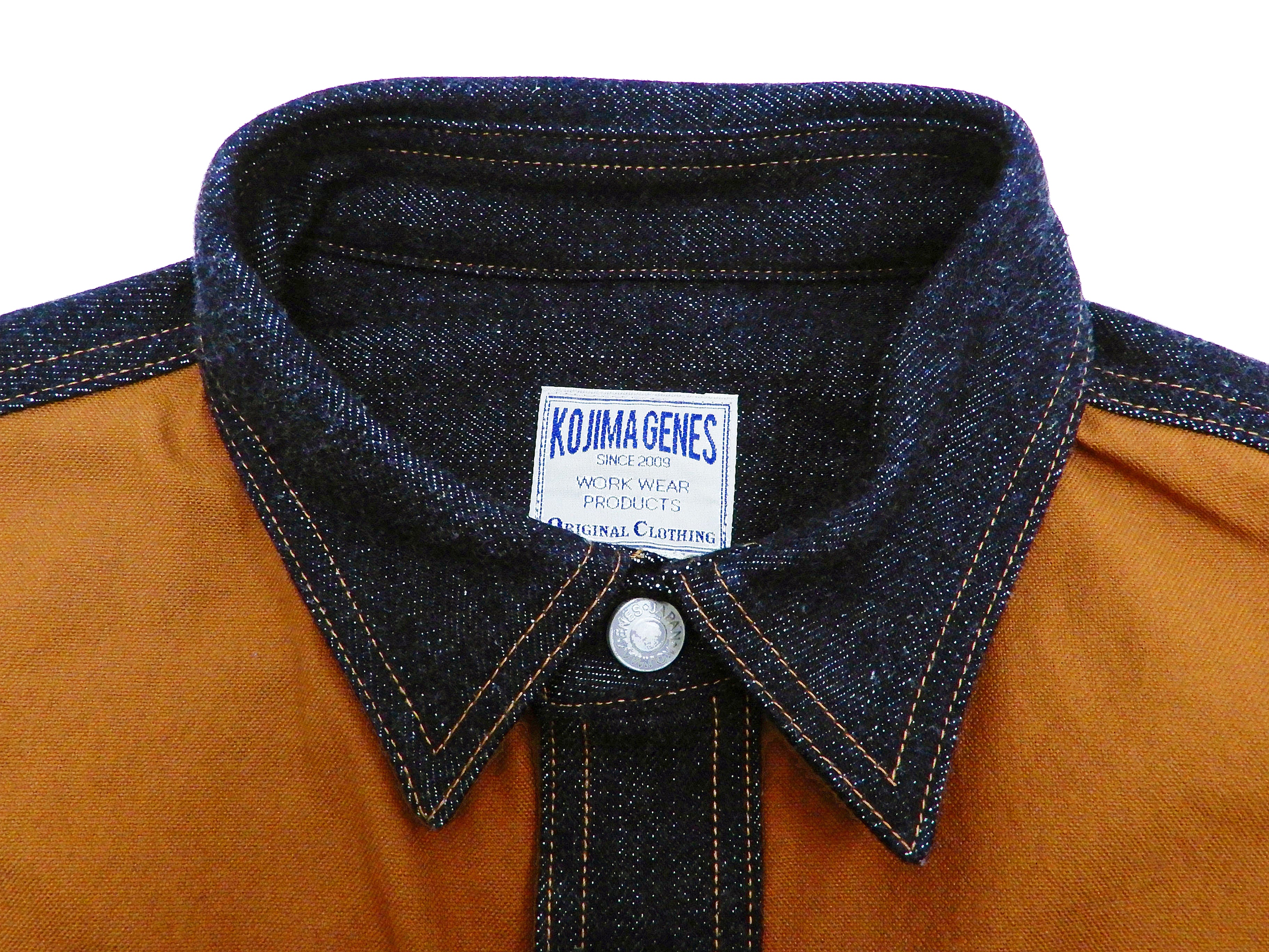Kojima Genes Contrast Panel Long Sleeve Button Up Shirt for Men - Two Tone Casual & Formal Wear - Camel Duck Canvas/Indigo Denim - Perfect for Office, Date Night & Smart Casual Outfits (RNB2081)