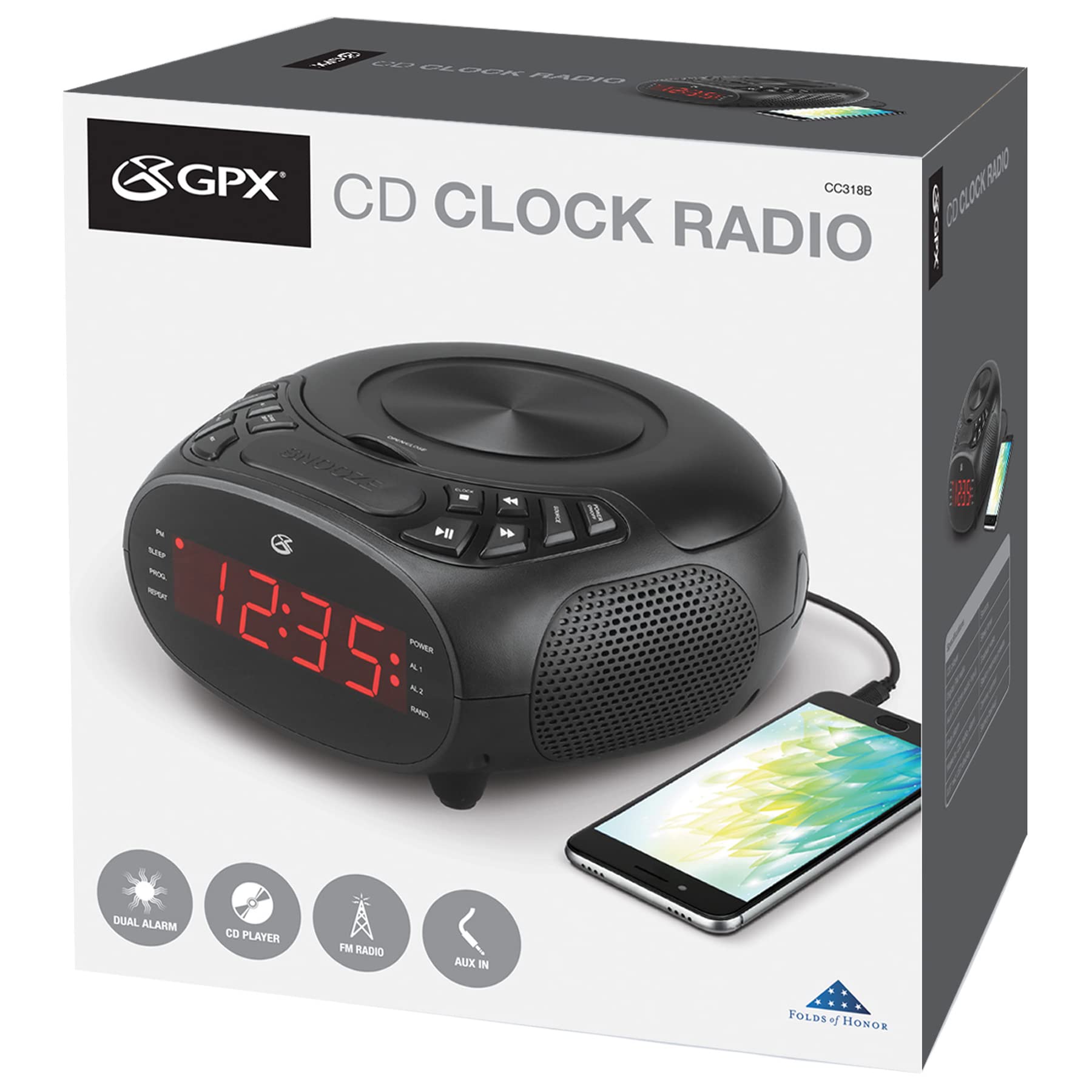 GPX Dual Alarm CD Clock Radio with FM Radio, Top-Loading CD Player, Black (CC318B) - Perfect for Bedroom, Office, and Home Use