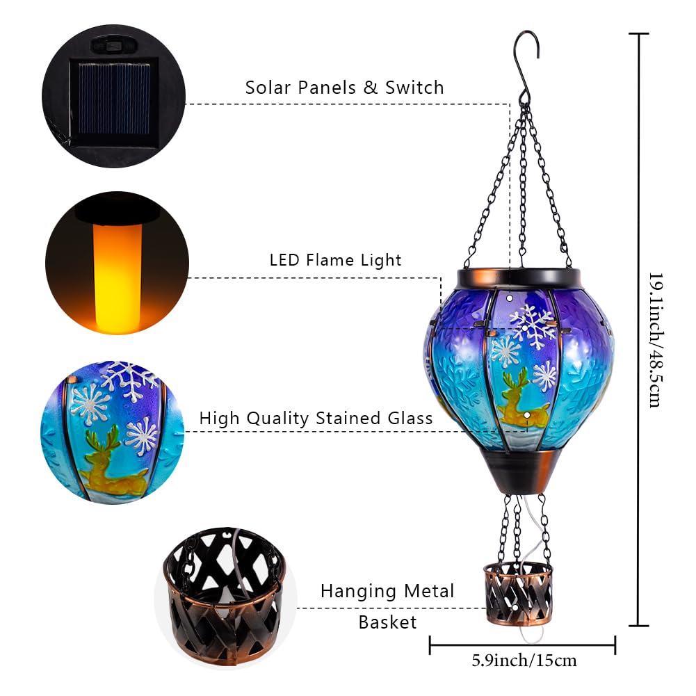 Solar Powered Hanging Lantern - Hot Air Balloon & Deer Design Outdoor Christmas Decor for Porch, Patio, Garden - Weatherproof LED Solar Light for Holiday & Party Decoration