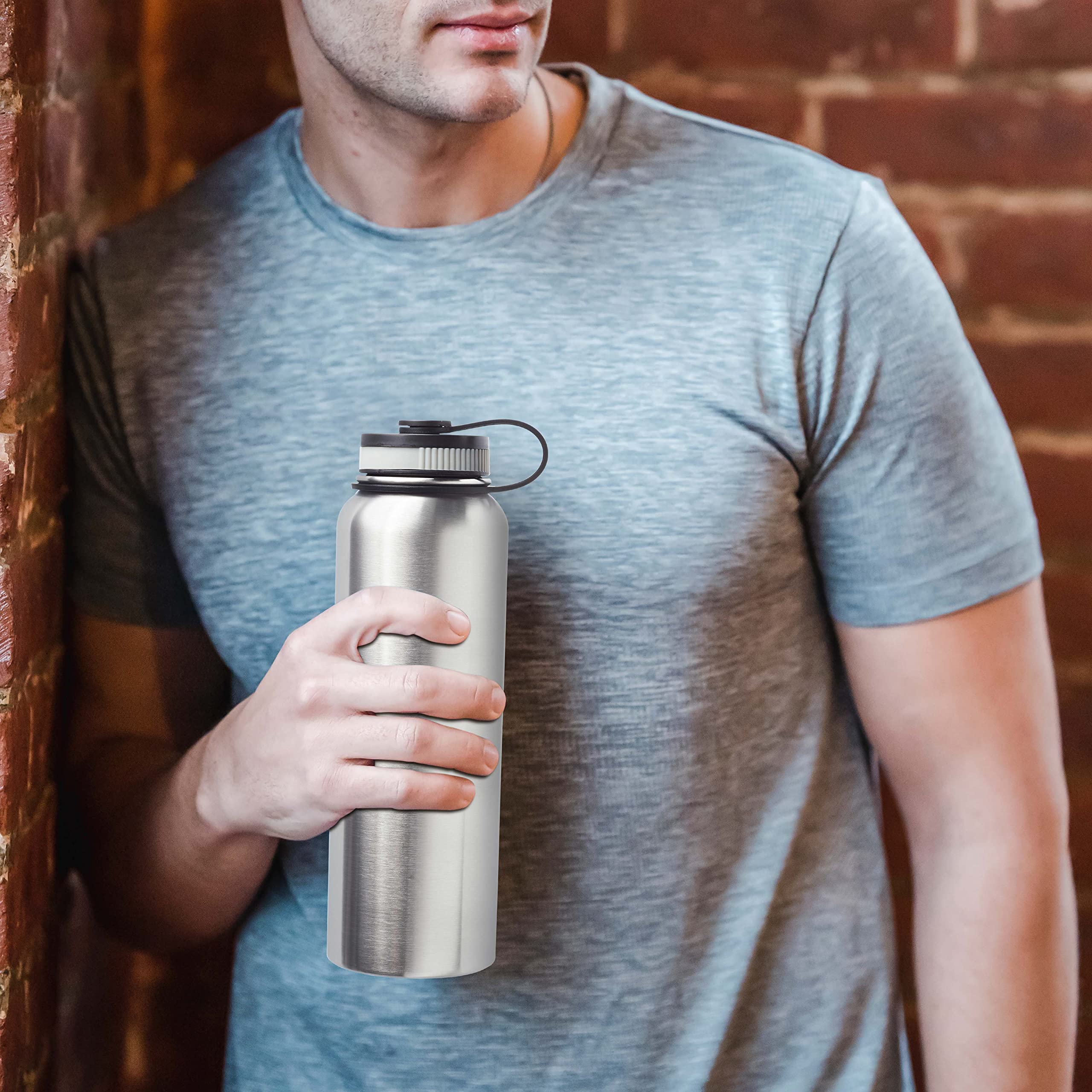 6 Pack 41 oz Stainless Steel Vacuum Insulated Water Bottles - Double Wall Silver Thermal Flask - Perfect for Hiking, Gym & Outdoor Activities