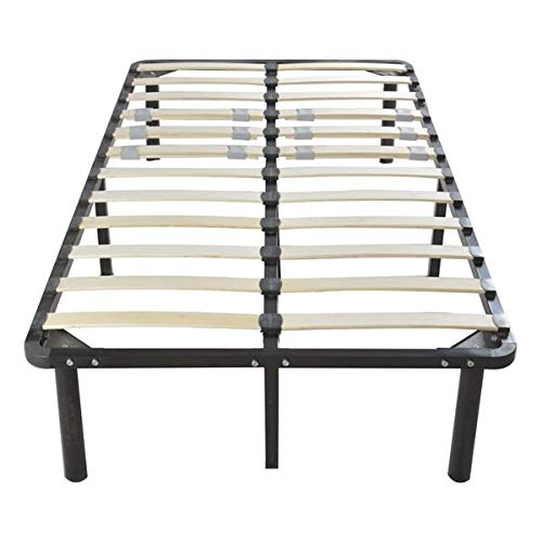 74 x 38 x 14 Inch Solid Wood Bed Slats with Metal Frame - Twin Size Black Iron Bed Stand for Home, Dorm & Guest Room