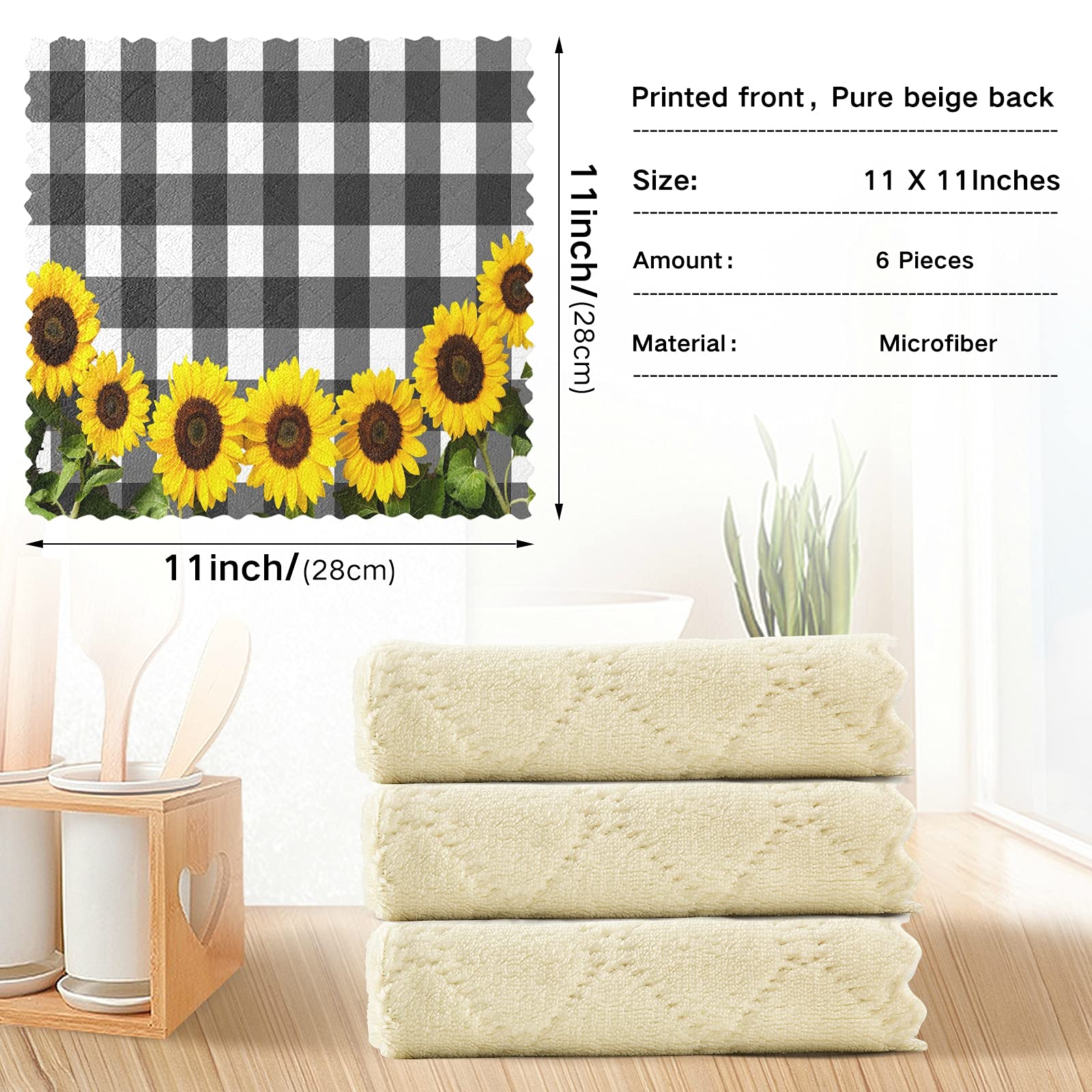 Buffalo Check Dishcloths 6-Pack - Black White Sunflower - Reusable Kitchen Towels for Dishes & Cleaning