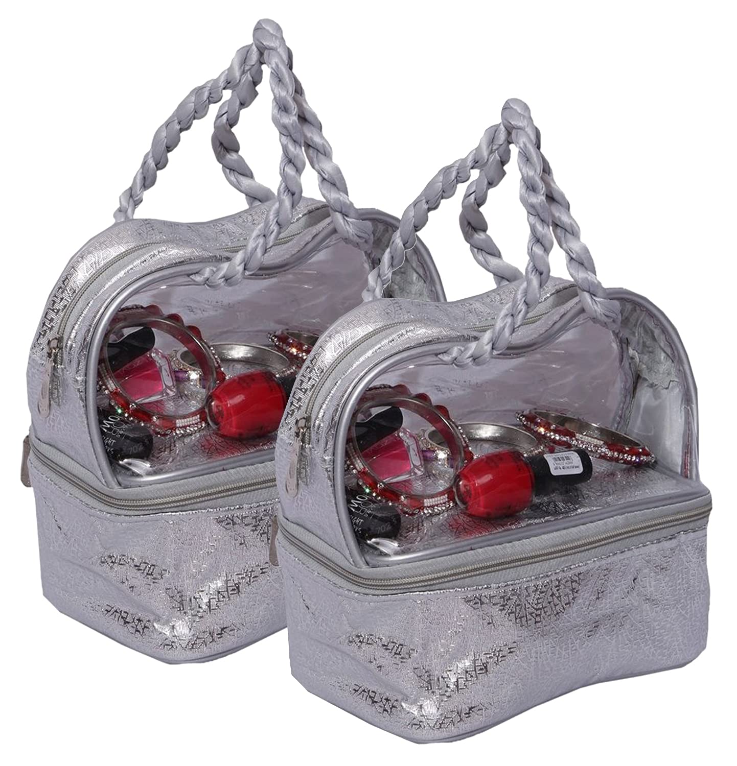 Kuber Industries Double Layer Waterproof Travel Cosmetic Bag - Makeup Organizer for Toiletries, 2 Pack (Silver) - Perfect for Travel, Gym, and Daily Use