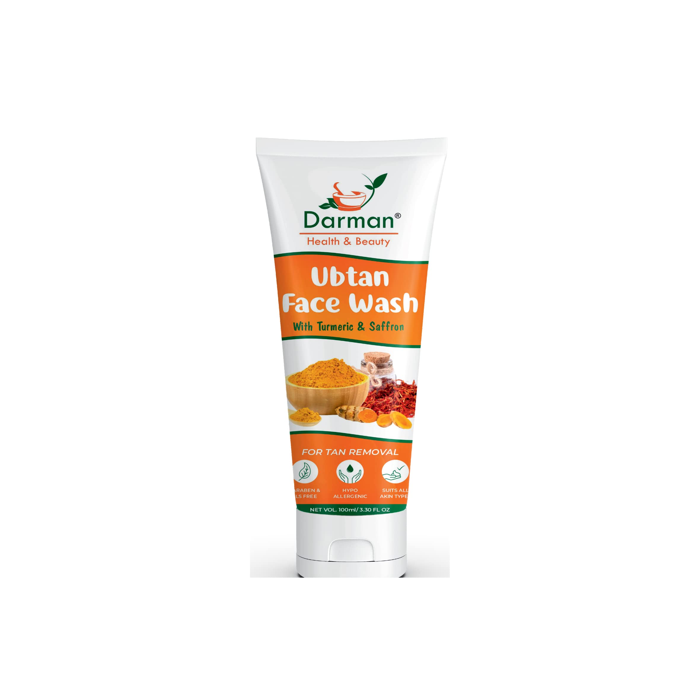Darman Health & Beauty Ubtan Face Wash with Turmeric, Saffron, Almond Extract, Rose Water & Sandalwood Oil - Sulfate-Free, Paraben-Free, Silicone-Free & Dye-Free (100mL) for Glowing Skin & Acne Treatment - Perfect for Daily Cleansing & Brightening Routine